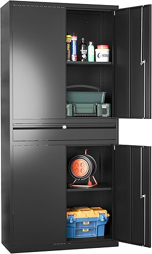 Armario de almacenamiento de metal con cerradura, armario de almacenamiento de garaje con estantes y cajones ajustables, archivador lateral con