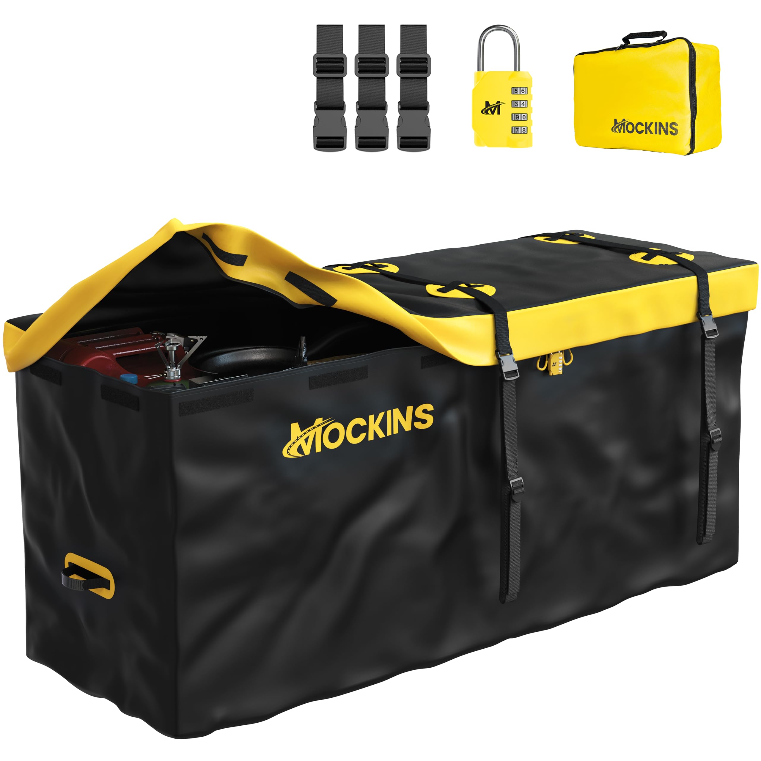 Mockins 20 CuFt Waterproof Cargo Bag for Hitch Carrier | 60"x20"x29" Trailer Hitch Cargo Carrier Bag | All-Weather Truck Bed Storage w/Straps, Lock & Carry Case | 500D PVC Vehicle Soft-Shell Carriers