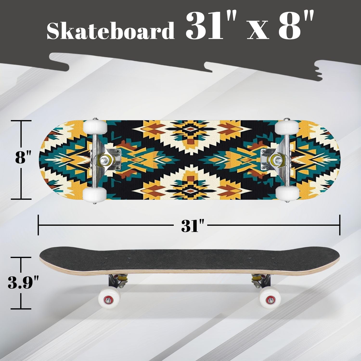 Complete Skateboard with Aztec Geometric Seamless Pattern Native American Indian Southwest Beginner Skateboard 7-Layer Maple Wood Double Kick Concave Skate Board for Kids, Adults, Teens 31