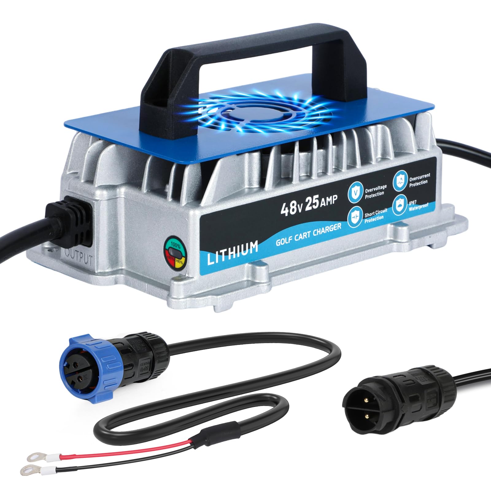 KAISAL 48V Cargador de baterías de Litio, Cargador LiFePO4 de batería 58.4V 25A, 1250 W, con Ventilador de refrigeración, para Carritos de Golf, Barcos, Autocaravanas y Solares. Impermeable IP67