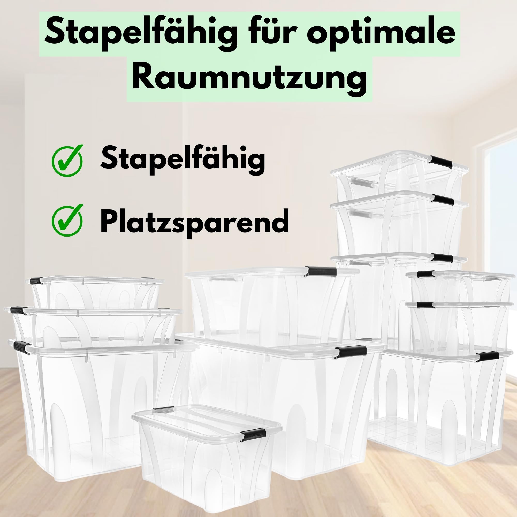 Aufbewahrungsboxen mit Deckel 7L 14L 21L 32L 55L 80L Plastik Boxen Klickverschluss Stapelboxen Sets Lebensmittelecht Haushalt & HLKauf-Block (4x 55Liter & 1x HLKauf-Block)