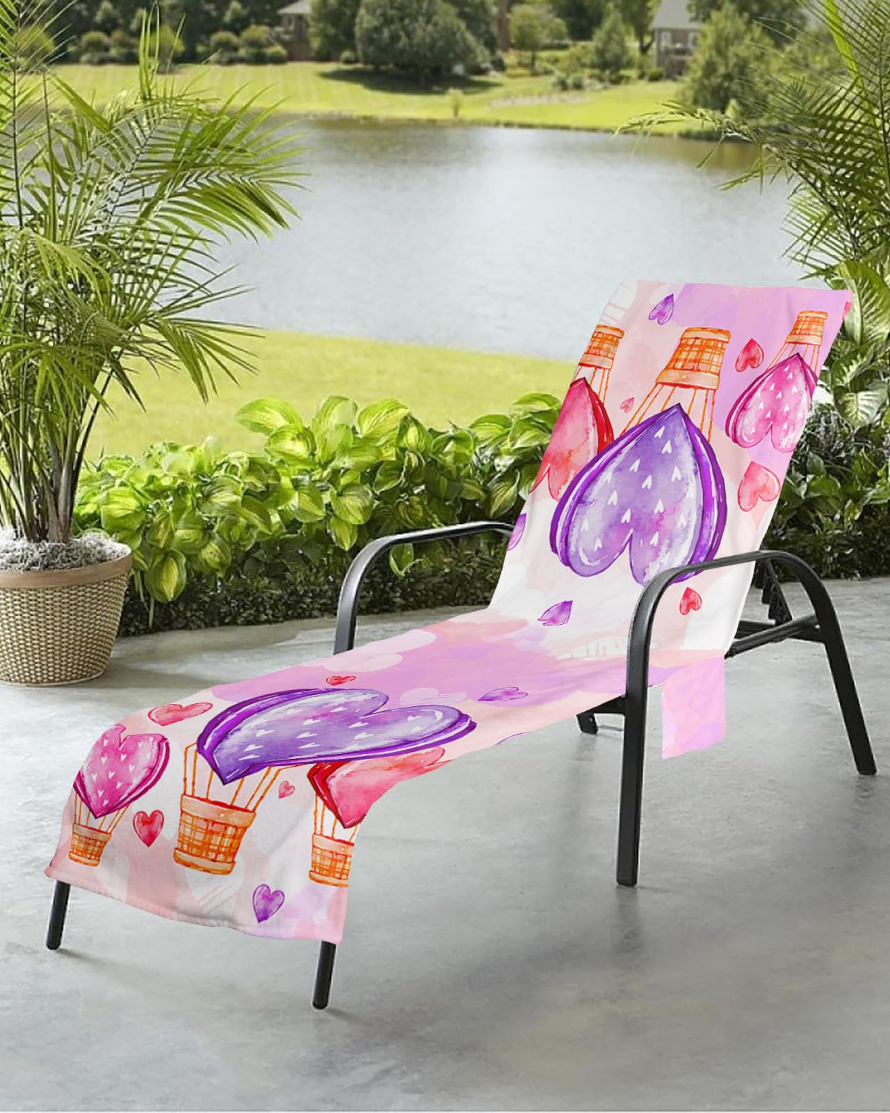 Colorful Love Beach Chair Towel Covers for Chaise Lounge with Side Pocket, Soft Plush Pool Towels Cover for Patio Sunbathing Outdoor 29''x85'' Valentine's Day Watercolor Heart