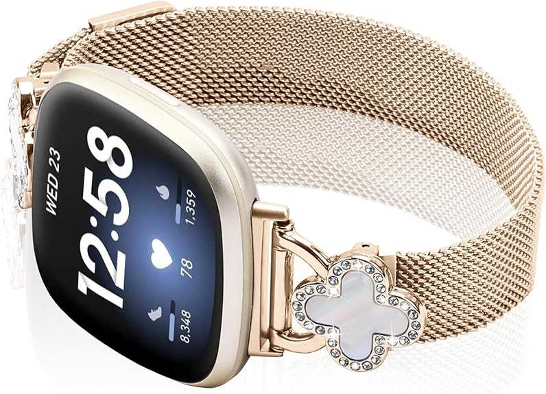 Band Compatible with Fitbit Sense/Sense 2 Versa 3/Versa 4 for Women Stainless Steel Magnetic Strap Adjustable Four Leaf Clover Watch Bands.