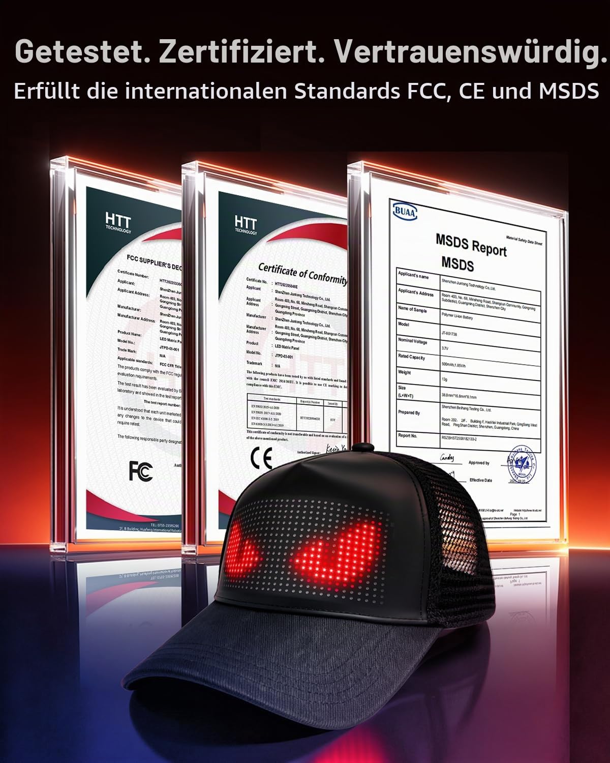 Bright LED Kappe Smarte Bluetooth App-Steuerung, Programmierbare LED Basecap für Custom Text, Muster, Animationen, Karneval & Partys (Tiefschwarz)