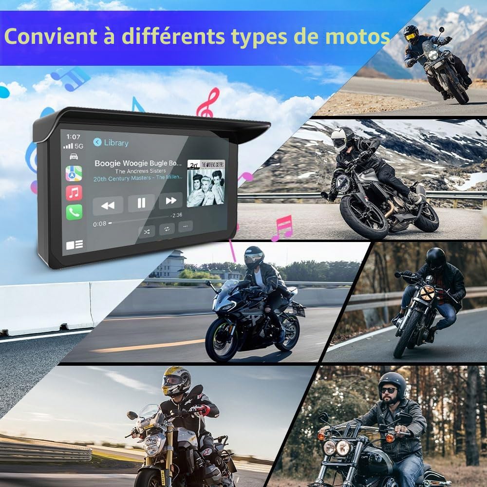 VSYSTO Écran Carplay Moto, Carplay sans Fil et Android Auto Navigation GPS pour Moto, Tactile étanche IP67 de 5 Pouces avec Dual Bluetooth, Siri, Assistant Vocal, Double Port USB, Support