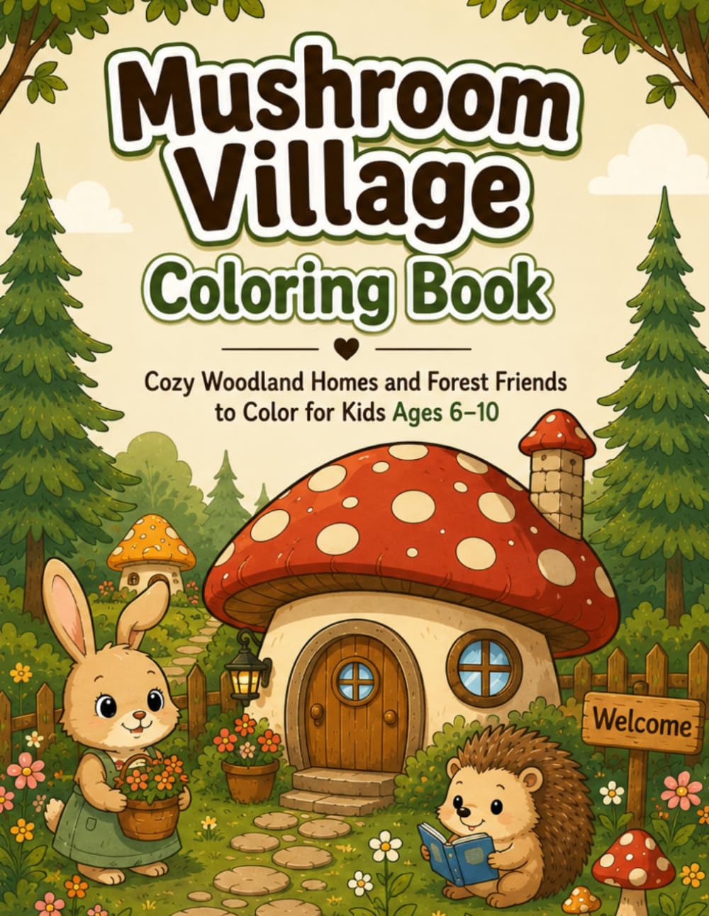 Mushroom Village Coloring Book: Cozy Woodland Homes and Forest Friends to Color for Kids Ages 6-10