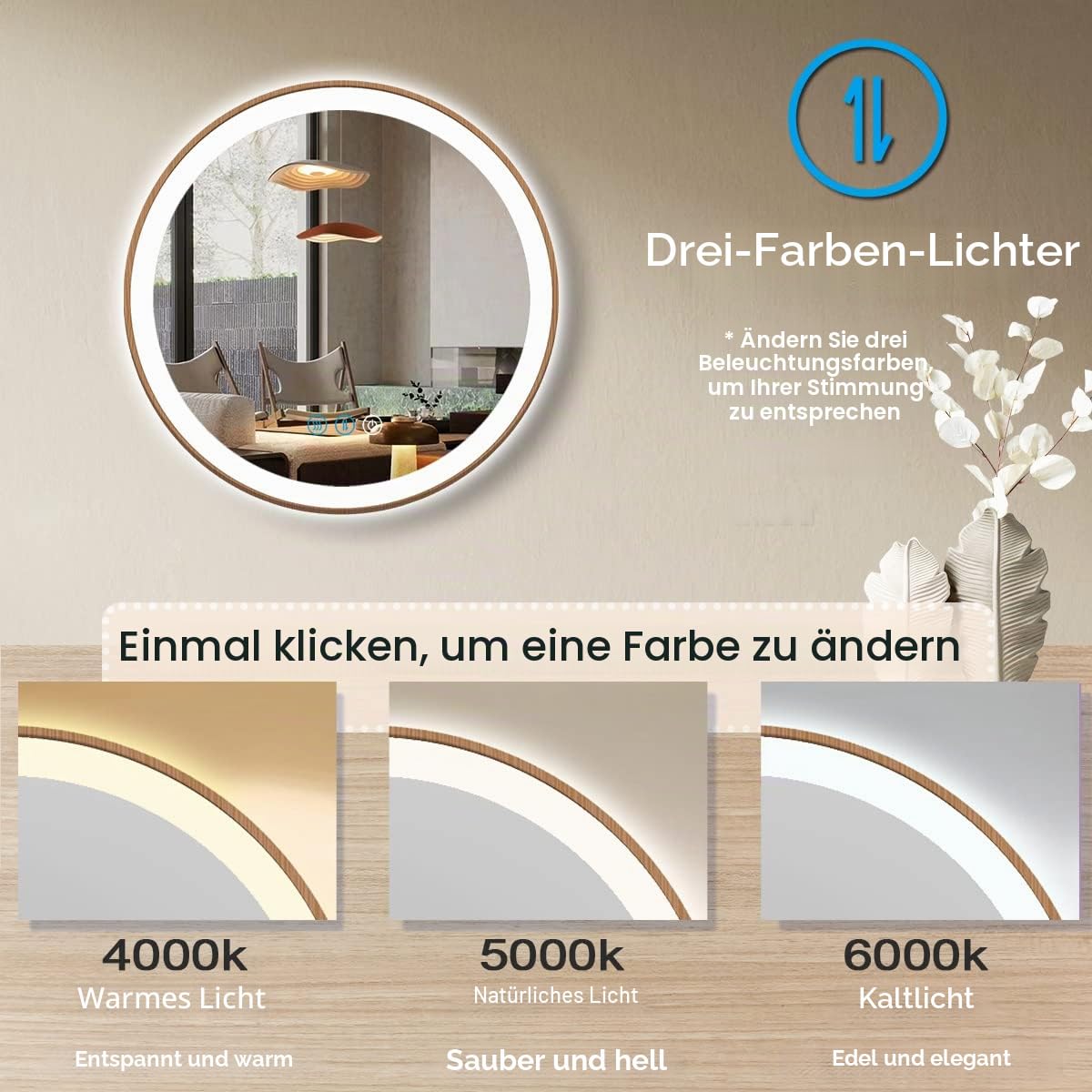 Holzrahmen, runder LED-Badezimmerspiegel mit Lichtern, 50.8 cm, Holz, rund, beleuchtet, Spiegel für Badezimmer, Wand, Schminktisch, Badezimmer, intelligenter Kreisspiegel