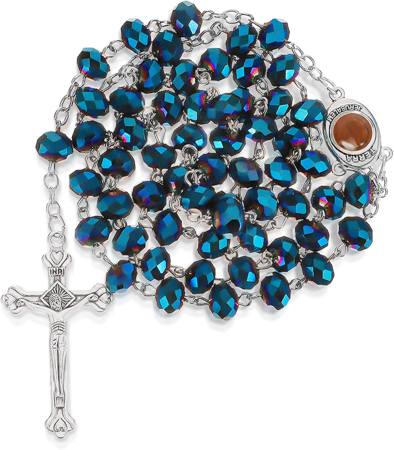 Collar Católico con Perlas de Cristal Azul Collar de Rosario Religioso de Cruz Plateada Collar de Cuentas Azules para Hombres Mujeres
