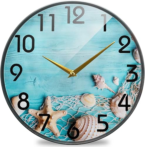 Naanle Reloj de pared redondo con diseño de estrellas de mar de mar en red de pesca de 95 pulgadas silencioso funciona con pilas analógico de cuarzo