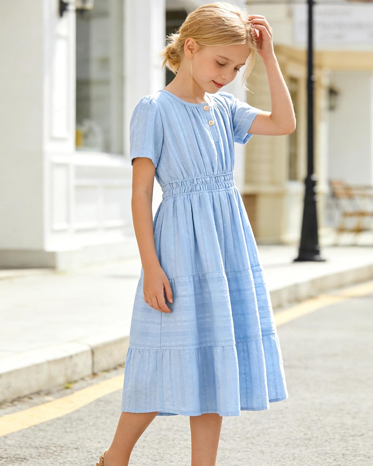 Tween Girls Summer Boho Dress Short Sleeve Tiered Smocked Solid Dresses Casual Sundress 6-14 Years
