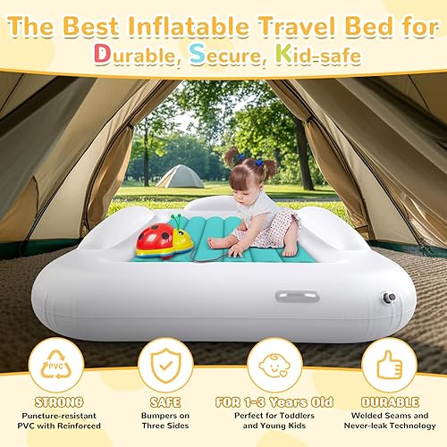 Miniatura 37 de Cama inflable de viaje para niños, colchón de aire portátil y cómodo con parachoques de seguridad de 3 lados, cama inflable para acampar y viajar