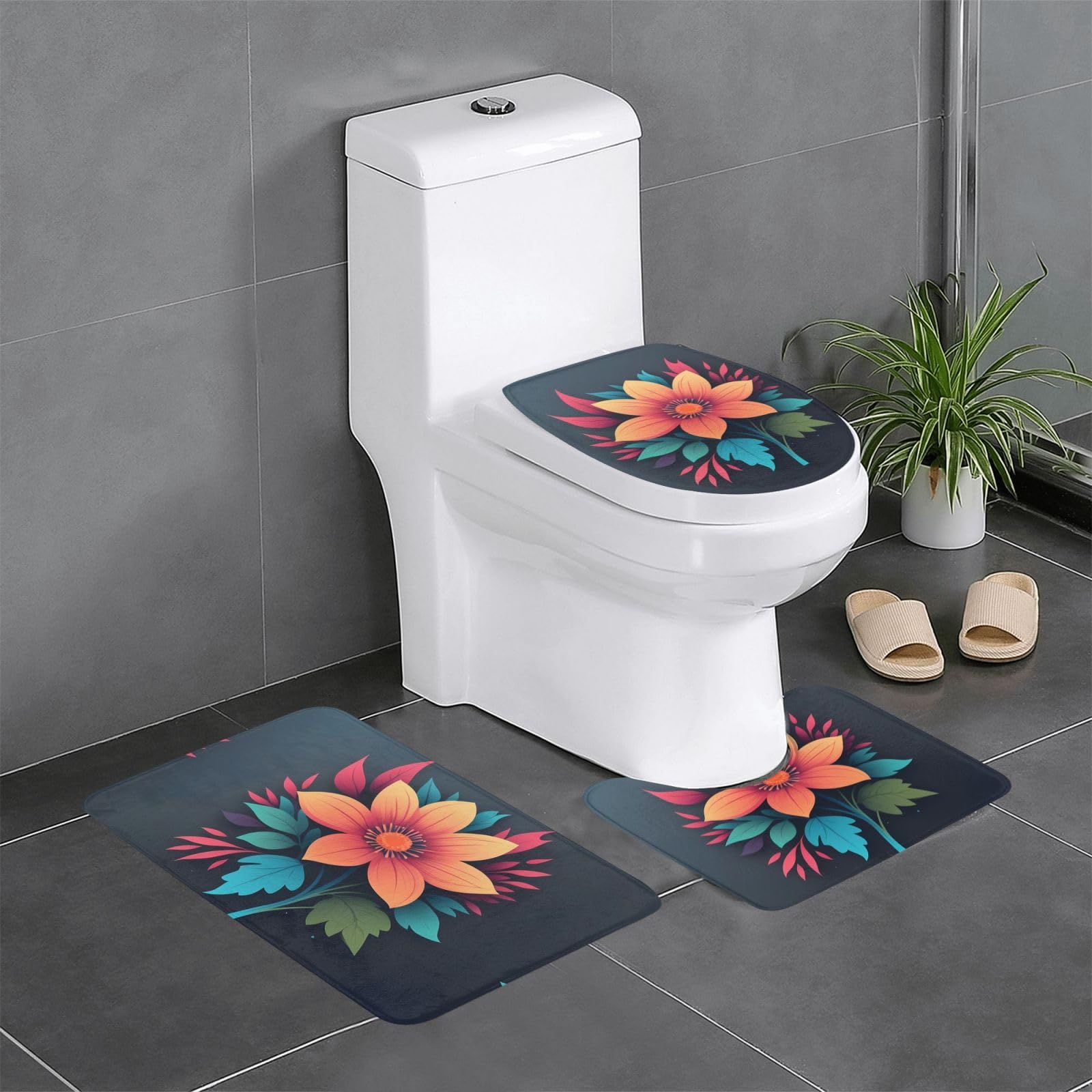 Tapis de salle de bain floral coloré pour meuble-lavabo et toilettes
