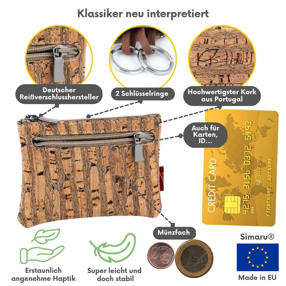 Simaru Schlüsseletui Schlüsseletuis Schlüsseltasche aus Kork mit Zwei Reißverschlüssen Vegan Made in EU (Raizes)