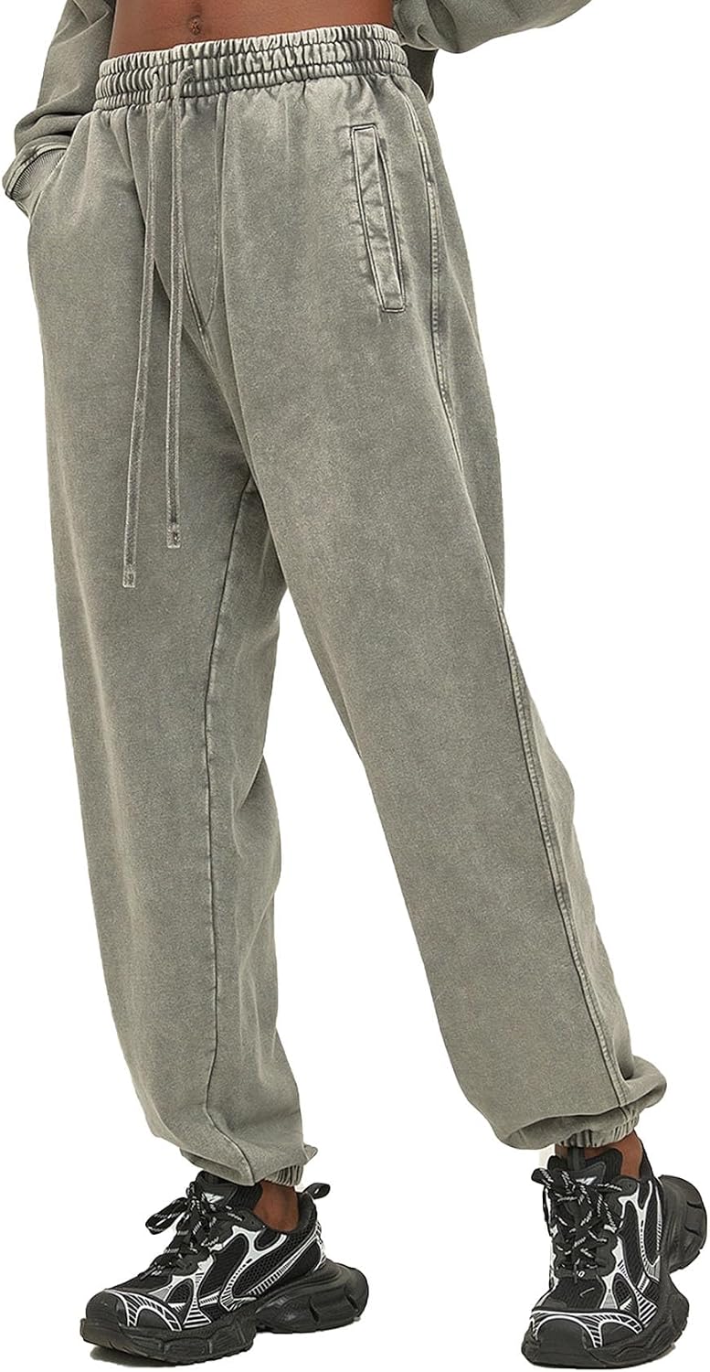 Flygo Mens Sweatpants Athletic Acid Washed Cotton Gym Elastic Waist Drawstring Jogger Track Pants Cinch Bottom with Pockets