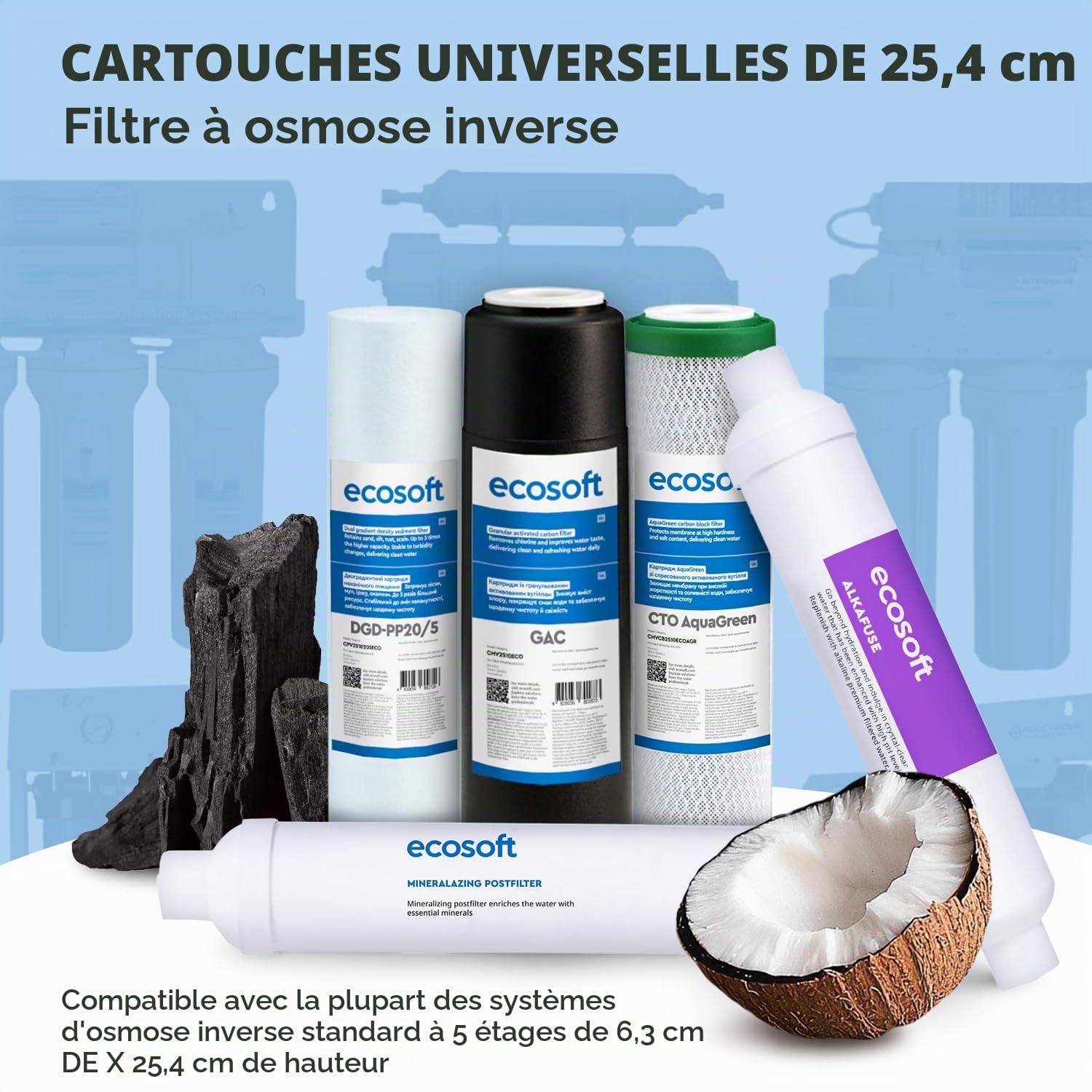 Ecosoft Filtre à osmose inverse – Set de recharges 5 étapes sans pompe avec alcalinisateur - Eau potable domestique équilibrée - Installation sous évier