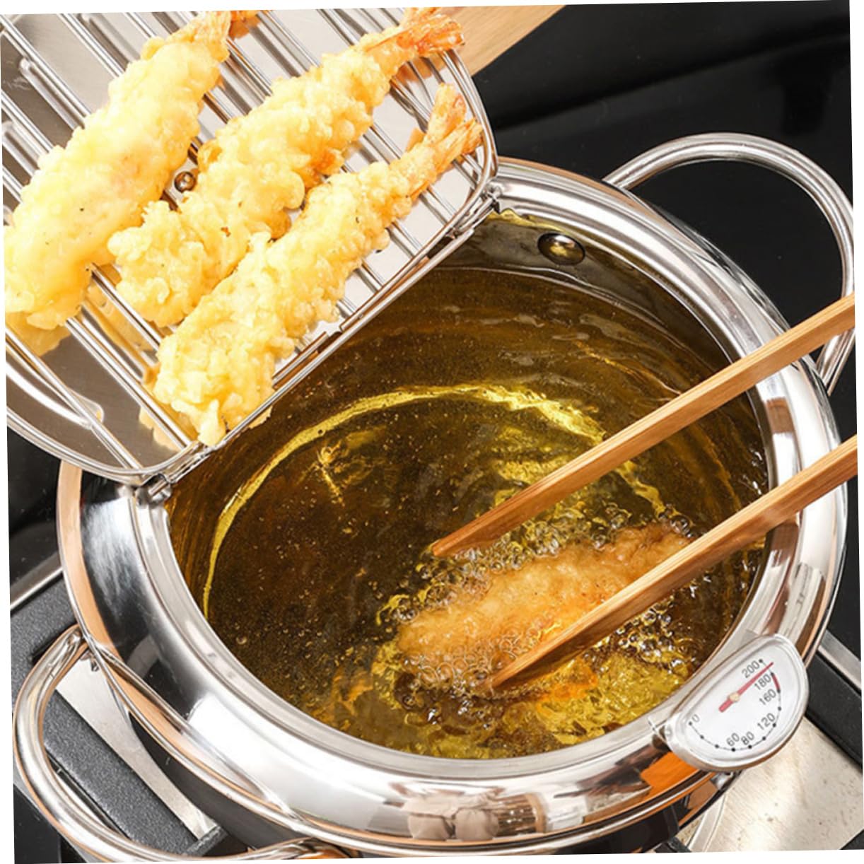 ULTECHNOVO Japanese Style Tempura Pot Deep Fryer with Basket Thermometer for Home Cooking for Chicken Wings Tempura and More Features Grease Filter