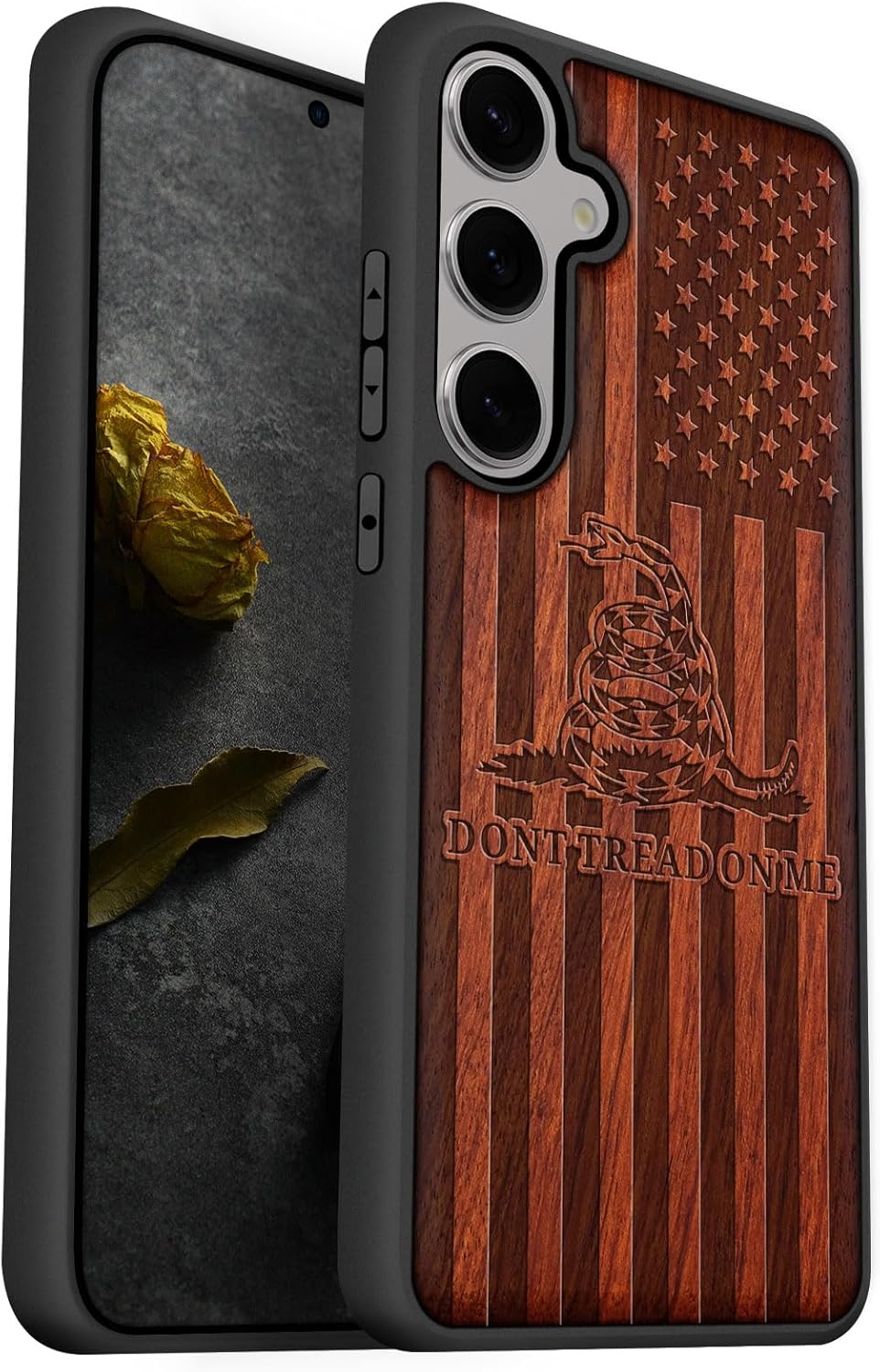 Carveit Wood Case for Galaxy S25 Case 2025 [Natural Wood & Black Soft TPU] Shockproof Protective Cover Unique Wooden Design Compatible with Samsung S25 (Gadsden and American Flag-Blackwood)