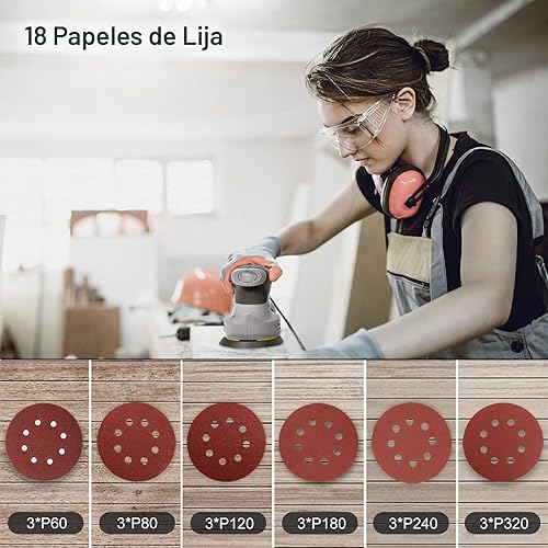 Miniatura 3 de Jellas Lijadora orbital aleatoria de 5 pulgadas con 18 papeles de lija, máquina lijadora de 6 velocidades variables de 13000 RPM, sistema de