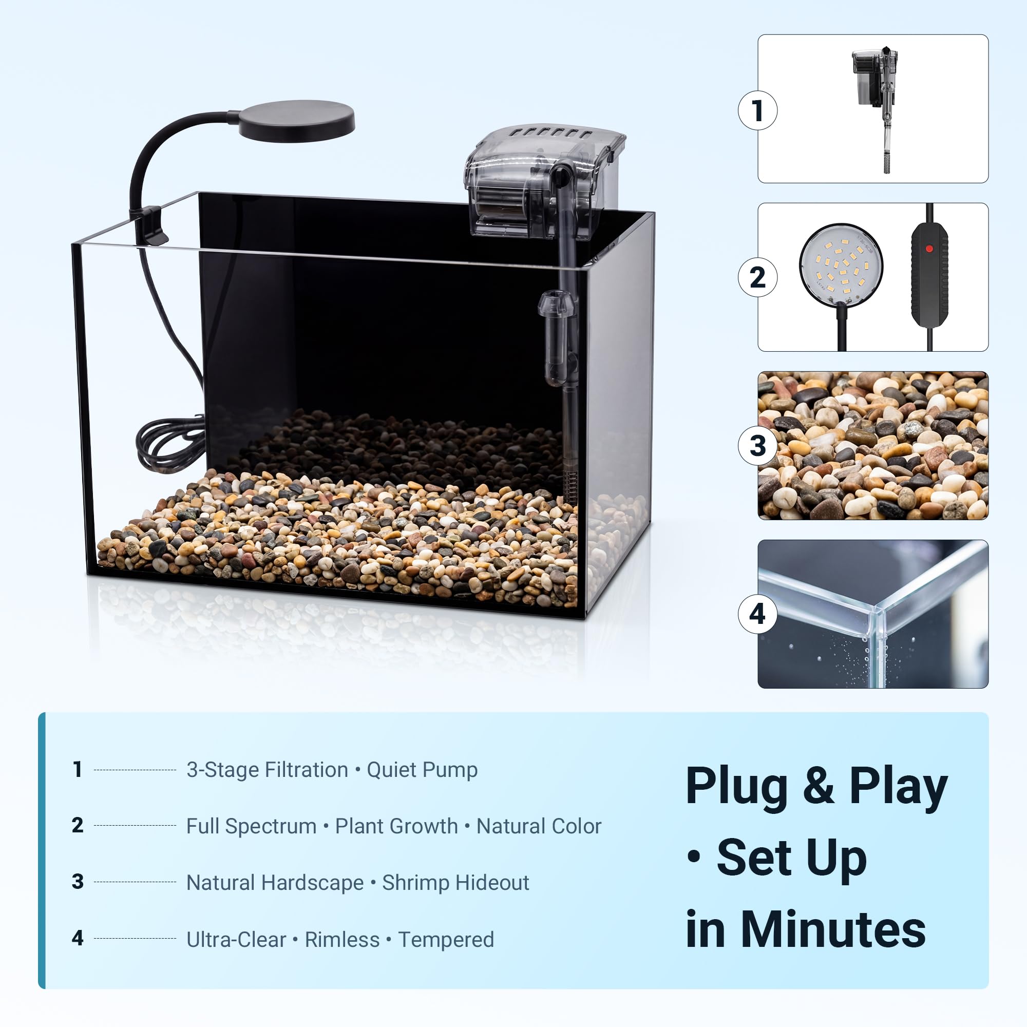 Smart Fish Tank Aquarium Kit: pecera de escritorio ultra transparente de 2.8 galones con luz LED y filtro, incluye piedra de paisaje, juego completo para peces pequeños, camarones o betta, negro