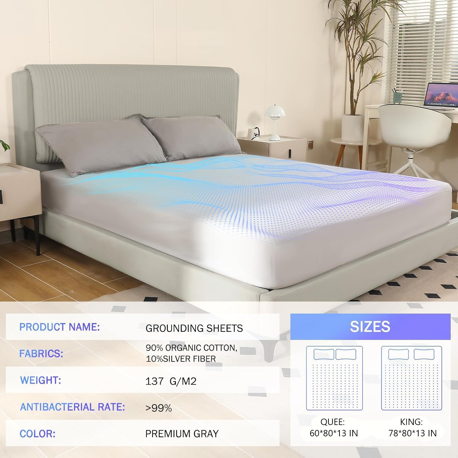 Grounding Sheets King Size - 90% Organic Cotton 10% Pure Silver Fiber Earthing Grounding Fitted Sheet Earth Connected Bed Sheets with Reinforced Grounding Cord for Better Sleep, King 78"x80"x13"