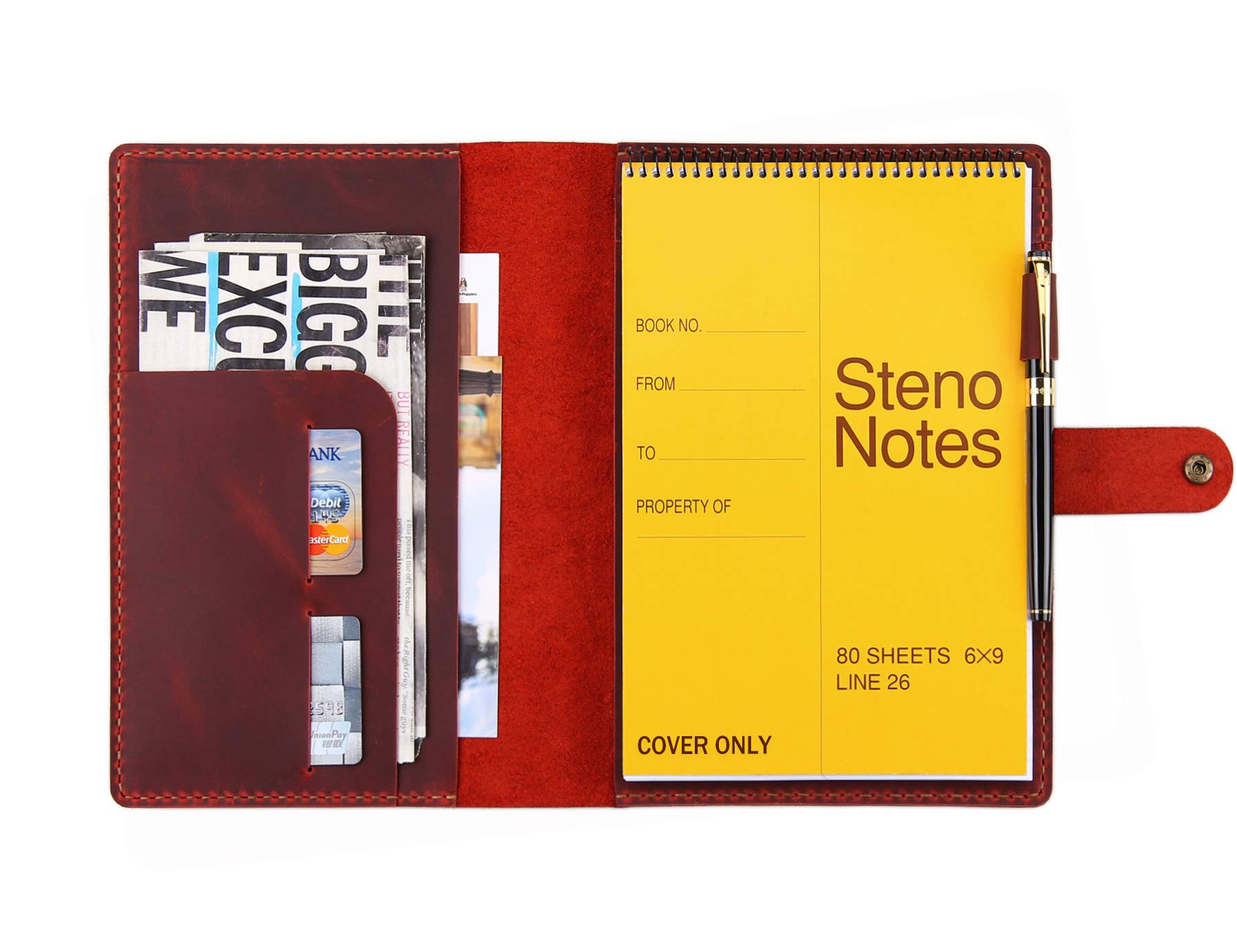 Robrasim Leather Cover for 6"x9" Steno Notebook, Leather Folio Cover Compatible with 6x9 Spiral Steno Pads, A5 Notebook Organizer with Pen Loop - Wine