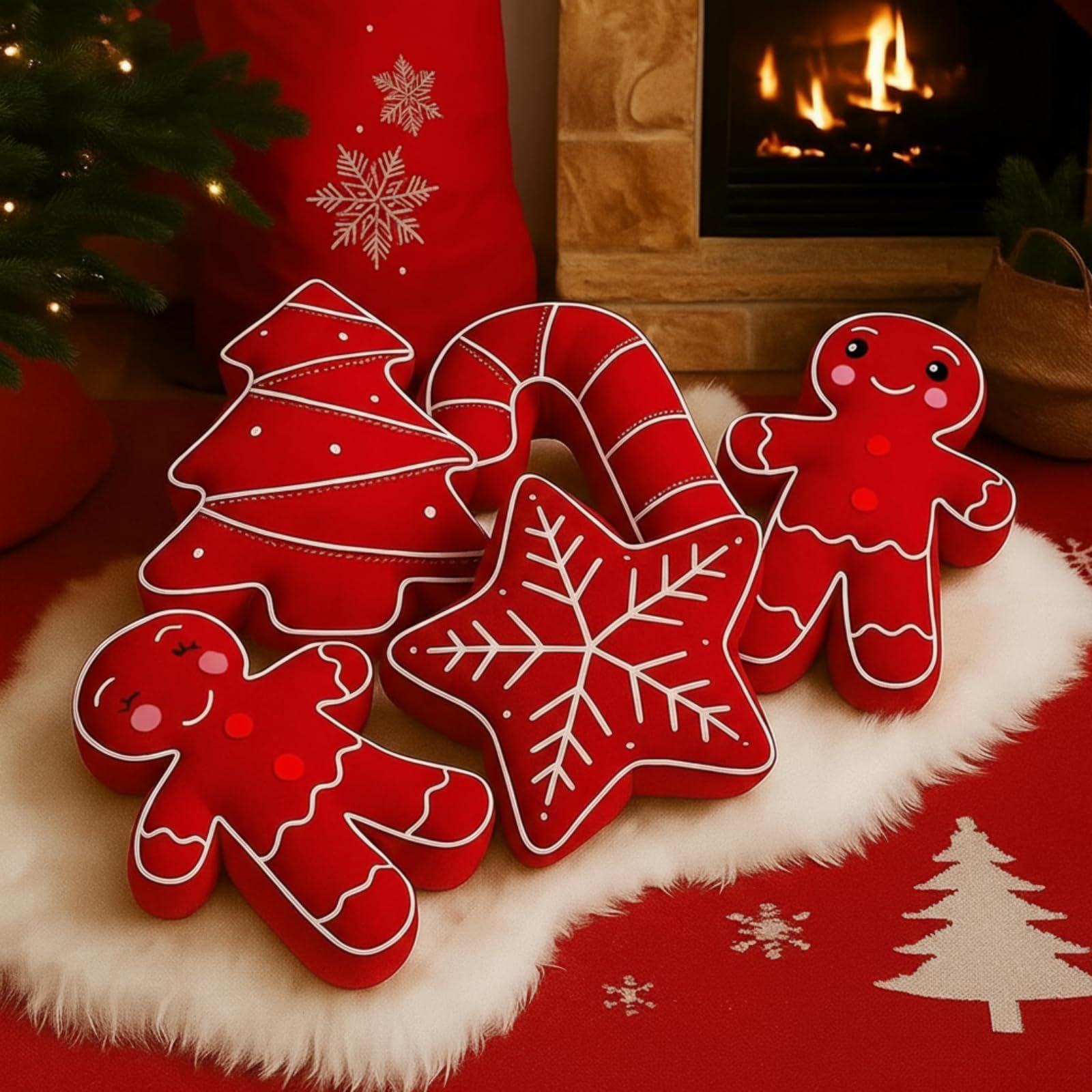 5 Pcs Red Christmas Throw Pillows Gingerbread Christmas Tree Snowflake Peppermint Shaped Pillows Stuffed Decoration for Home Xmas Winter Holiday Bed Sofa Couch Party