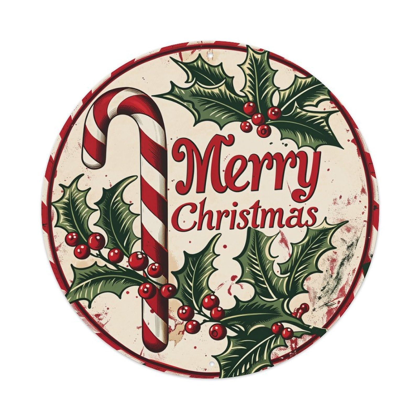 Candy Cane Holly Berries Christmas Round Tin Sign Retro Metal Sign for Cafe Bar Pub Home Game Room Gym Club Wall Decoration Vintage Metal Poster 8x8 Inch