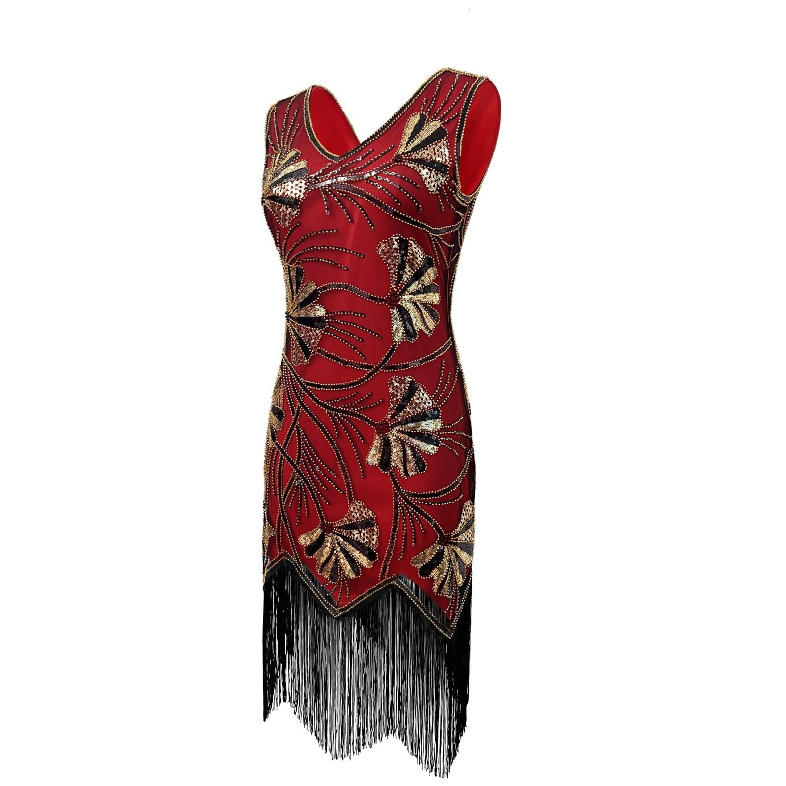 Générique Abito elegante con chiusura a scatto, stile retrò, senza maniche, scollo a V, con paillettes e frange, ideale per una festa o un costume da ballo.