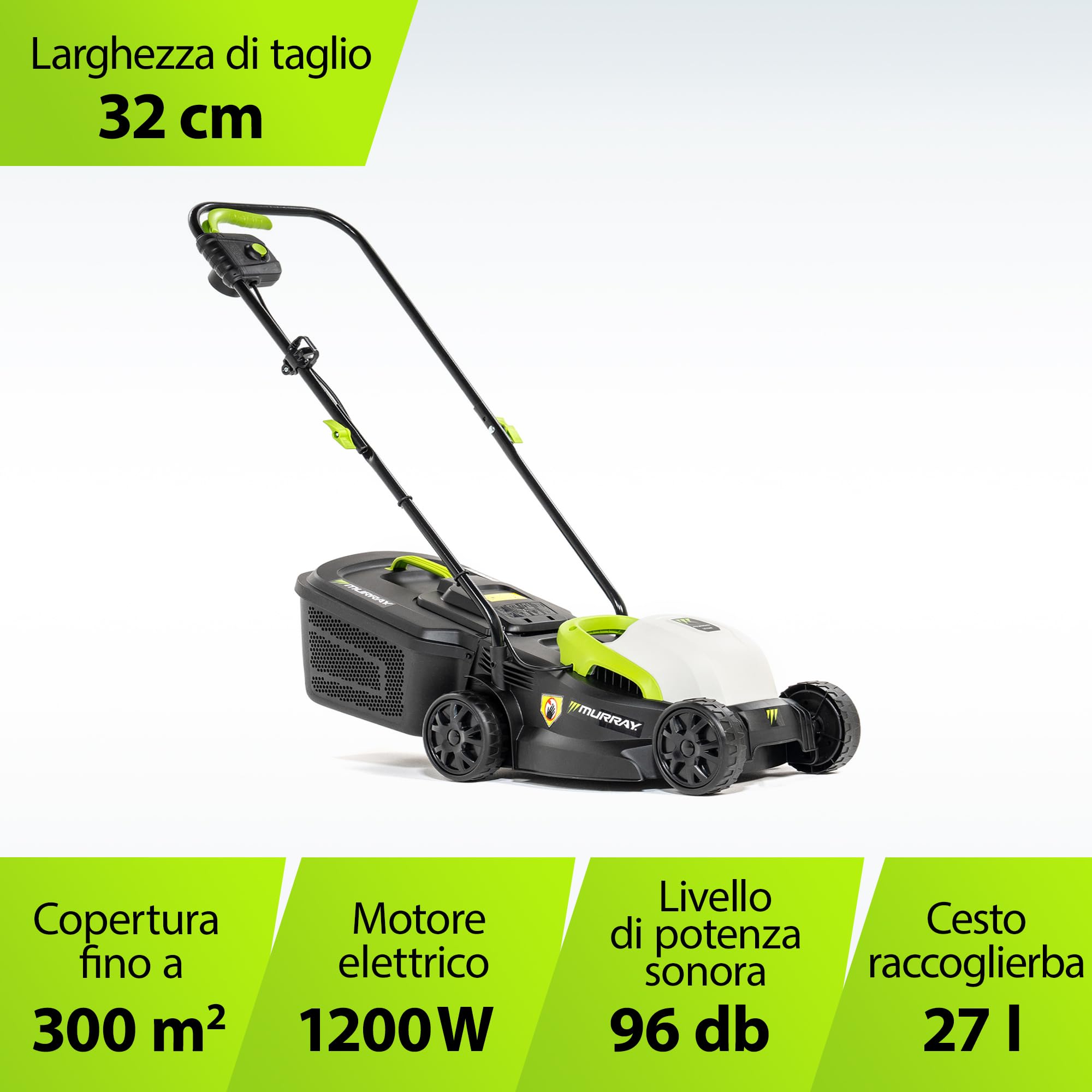 Murray Tosaerba Elettrico 2-in-1 LE320E – Compatto 1200W/32cm con Cesto Raccoglierba da 27L per Piccoli Giardini – Impugnatura Ergonomica e Protezione da Sovraccarico