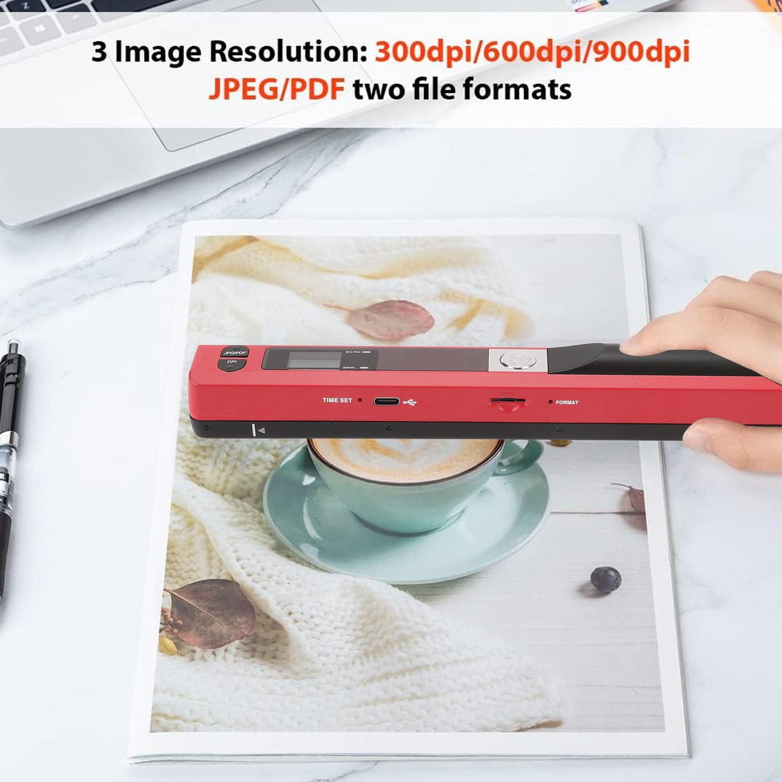 Scanner Portatile Scanner Fotografico 900 DPI Scanner per Documenti A4 Portatile per Foto Aziendali, Ricevute, Libri, Selezione Formato JPEG/PDF (rosso)