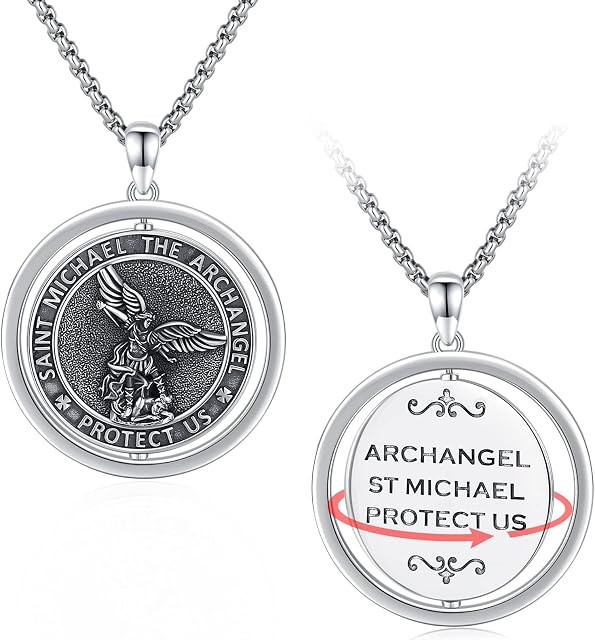 St Michael Necklace for Men Women Sterling Silver Archangel Saint Michael Medal Pendant Necklace Protection Catholic Religious Jewellery for Father Boyfriend Husband Birthday Gift, 22 inch