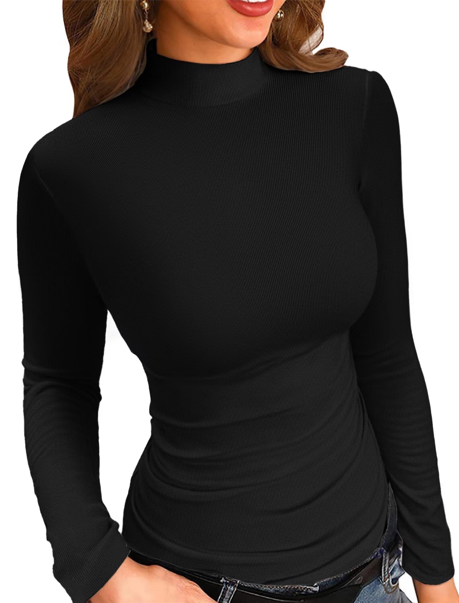 VICHYIE Womens Mock Neck Ribbed Long Sleeve Shirts Fall Slim Fitted Tops New Upgraded X-Large Black