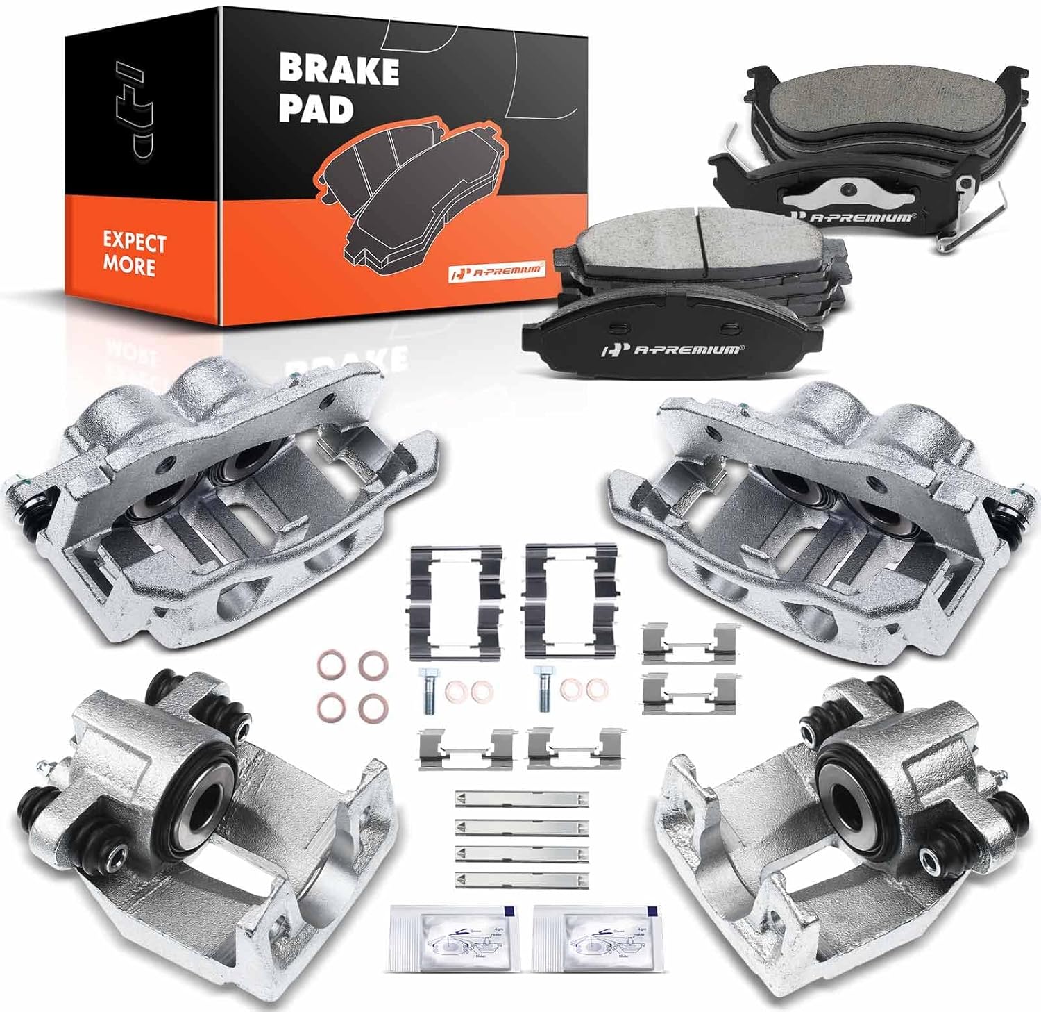 A-Premium Front & Rear Disc Brake Calipers with Ceramic Pads Compatible with Ford Crown Victoria 2003-2011 & Lincoln Town Car 2003-2011 & Mercury Grand Marquis 2003-2011, Marauder 2003-2004 12-PC Set