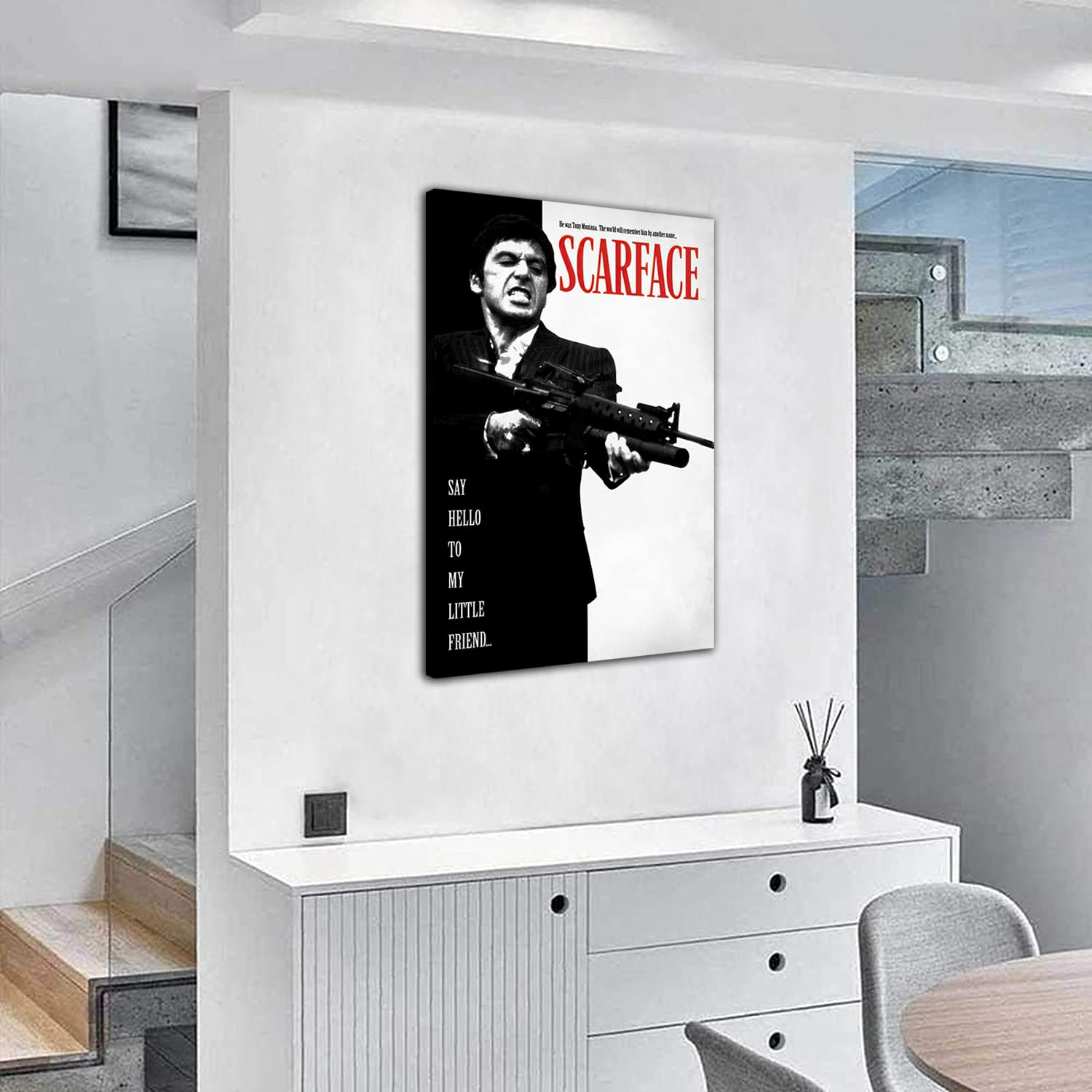 HOPNRU Dipinto su tela in bianco e nero Scarface Poster con immagini artistiche da parete di film classico retrò Stampa Poster di arredamento estetico per soggiorno (60x90cm-Incorniciata)