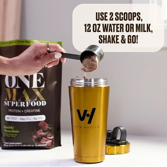 VitaHustle ONE Max Protein + 5g Creatine, 30g Plant Protein Powder, All-in-One Meal Replacement Shake with Greens, Adaptogens, Ashwagandha, Probiotics & Vitamins Vanilla Ice Cream, 15 Servings