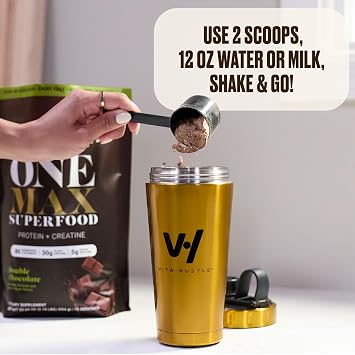 VitaHustle ONE Max Protein + 5g Creatine, 30g Plant Protein Powder, All-in-One Meal Replacement Shake with Greens, Adaptogens, Ashwagandha, Probiotics & Vitamins Vanilla Ice Cream, 15 Servings