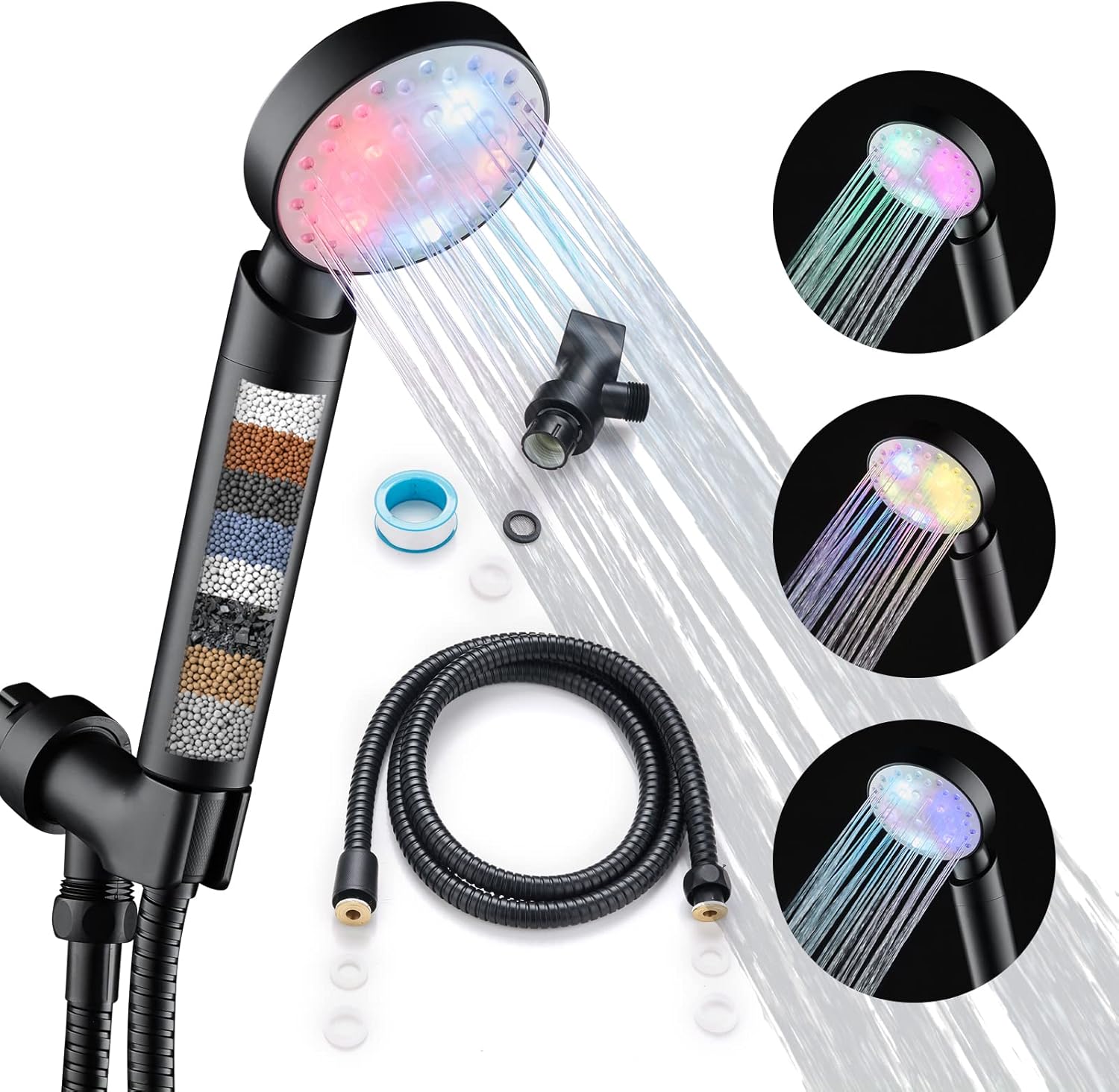 Black Shower Head Filtered Led Showerhead 7 Color Light Change Automatically Filter Filtration