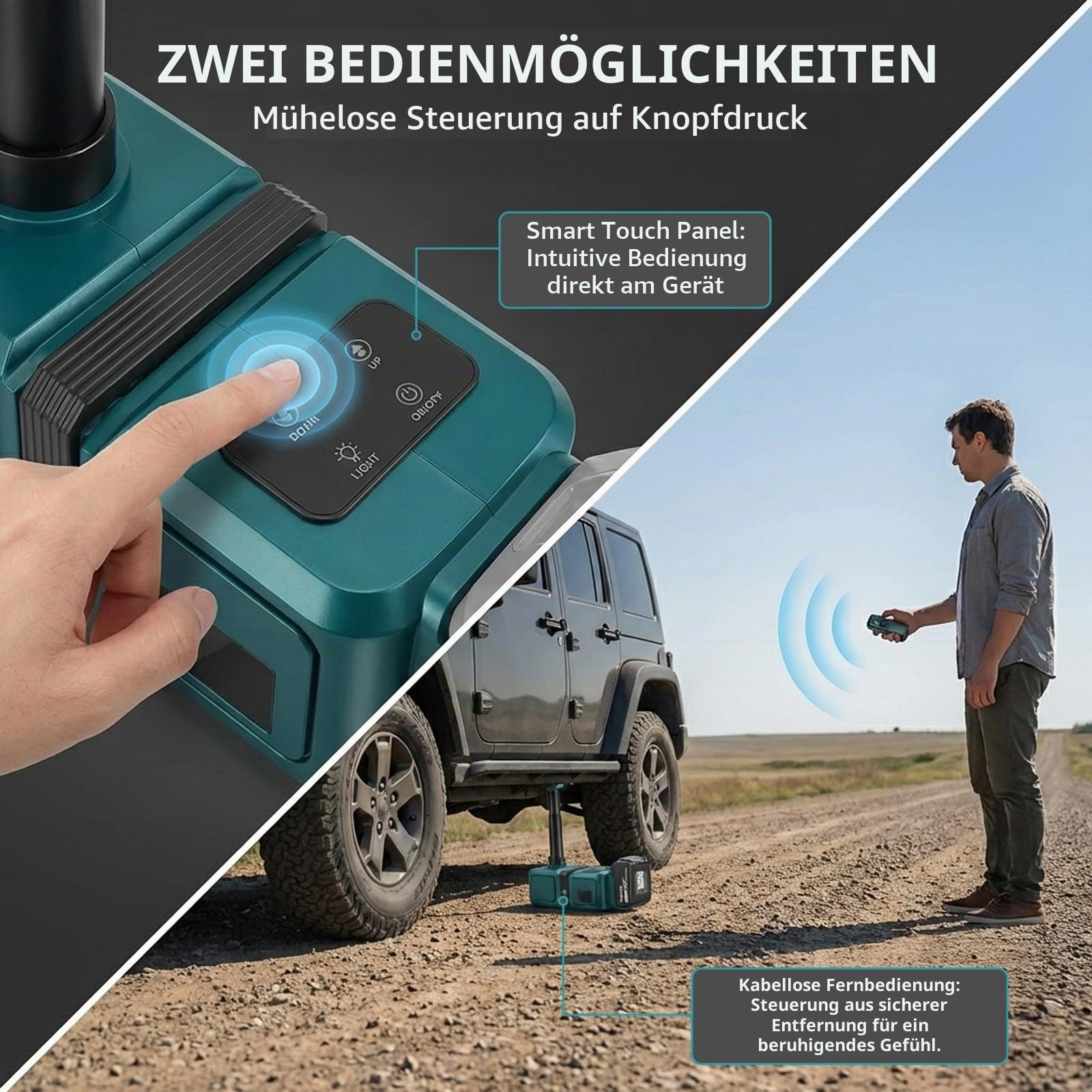 Elektrischer Wagenheber Kompatibel mit Makita 18V, 5-Tonnen Kapazität Kabelloser hydraulischer Heber mit LED-Arbeitsscheinwerfer, Fernbedienung für SUV, Auto und LKW, Hubbereich 155-450mm (ohne Akku)