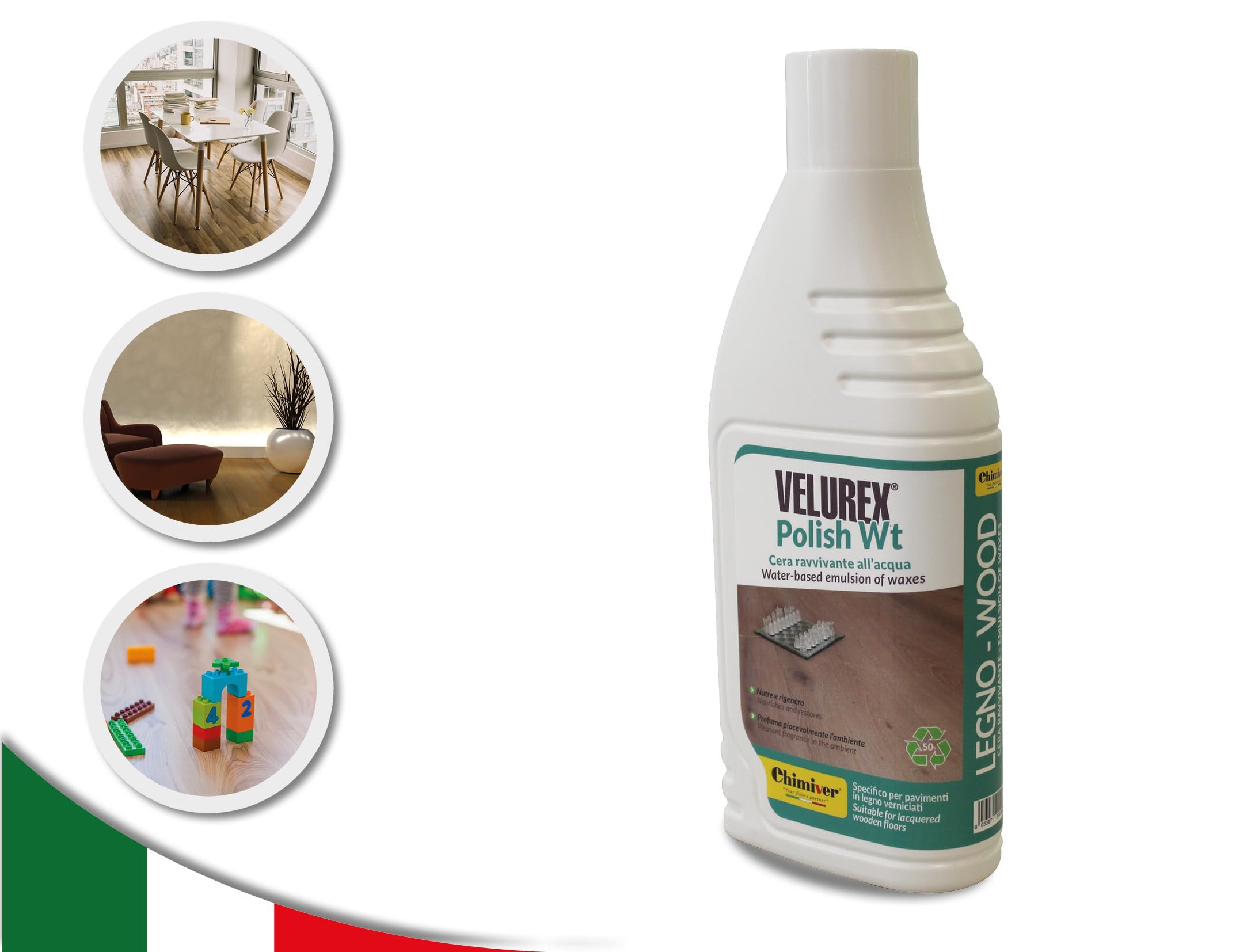 Chimiver - VELUREX POLISH WT | Emulsion aqueuse de cires industrielles avec un très haut point de fusion apte pour l'entretien de sols en bois vernis. 2 bouteilles de 1L