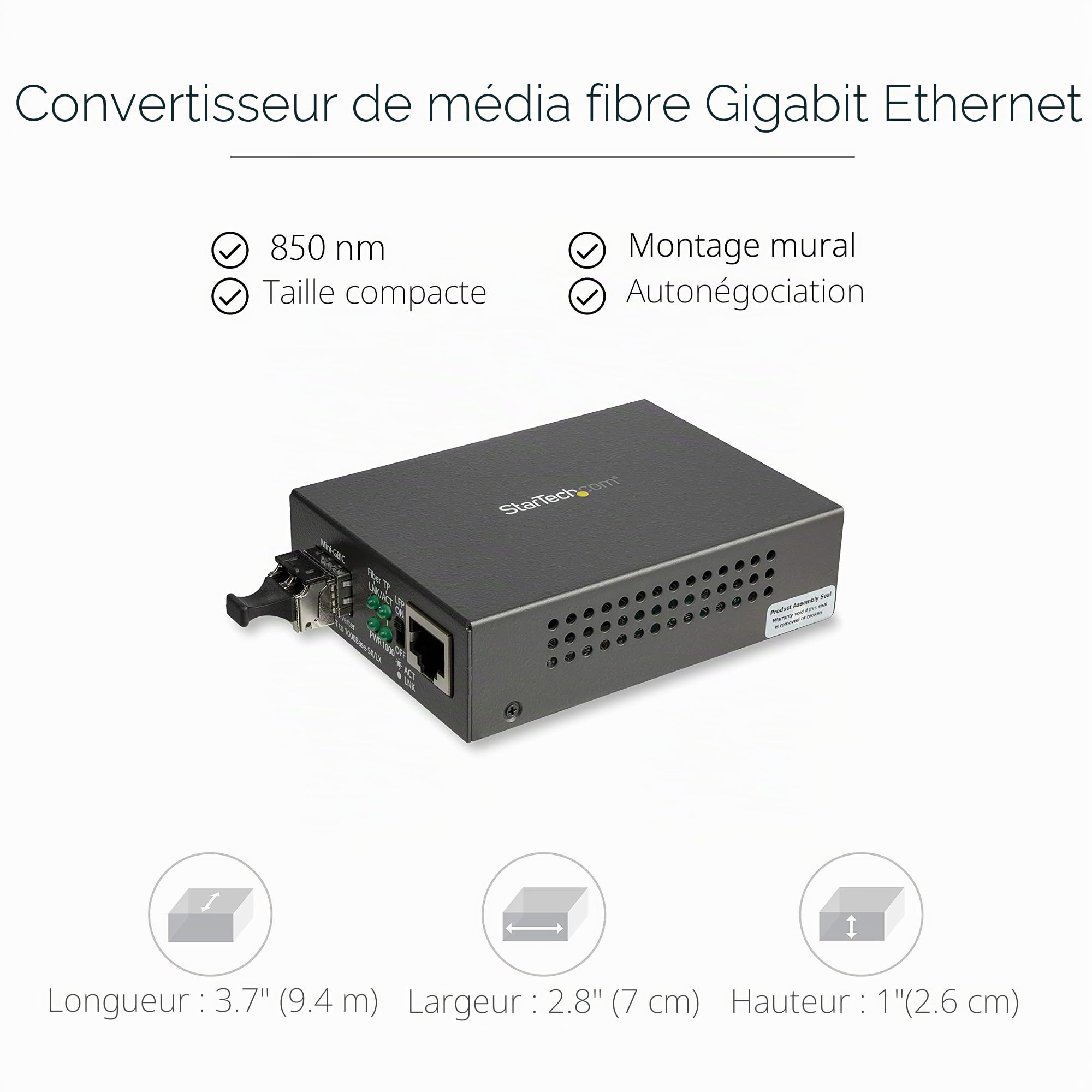 StarTech Convertisseur Fibre Multimode LC, 550m, Gigabit (MCM1110MMLC) | Media, 10/100/1000, 850nm, SFP inclus, Full duplex, Montage mural, Indicateurs LED