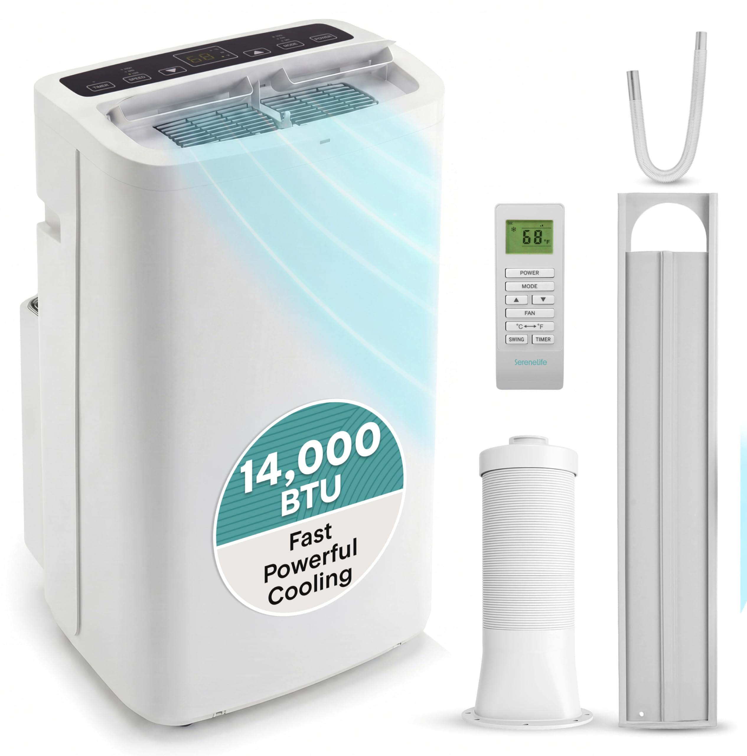 Photo 1 of SereneLife Small Air Conditioner Portable 14,000 BTU with Built-in Dehumidifier - Portable AC unit for rooms up to 650 sq ft - Remote Control, Window Mount Exhaust Kit