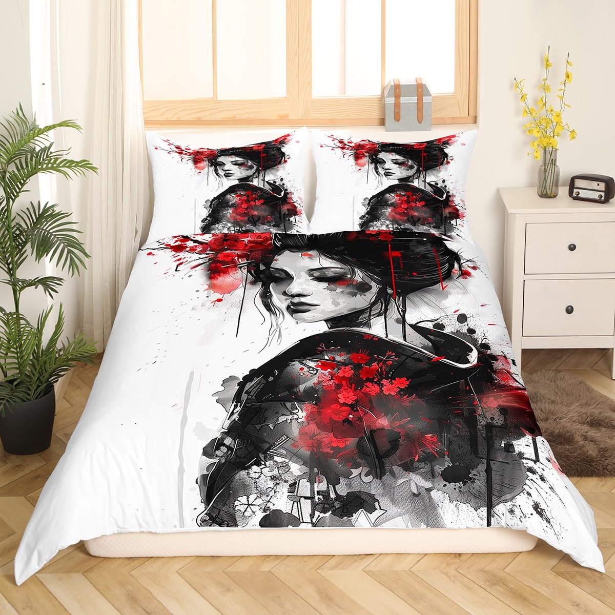 Homemissing Kids Japan Art Geisha Bedding Set Single Size Boys Girls Cherry Blossoms Comforter Cover Set Japanese Style Duvet Cover Japanese Tradition Aesthetic Bedspread Cover (No Comforter) - Image 4