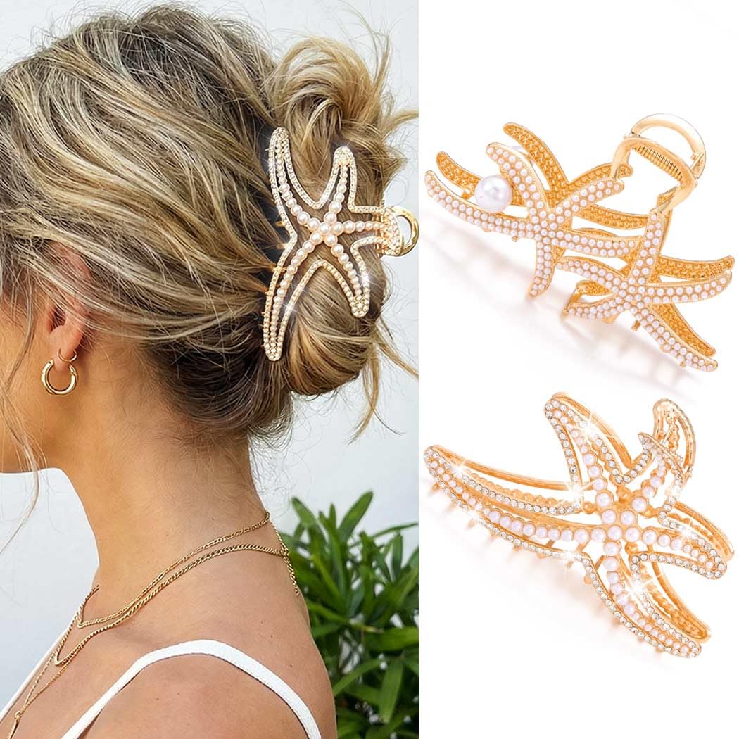 CAKURE Starfish Hair Clip Gold Large Claw Clip for Thick Hair Beach Hair Accessries for Women (Pack of 2) (a-gold&gold)