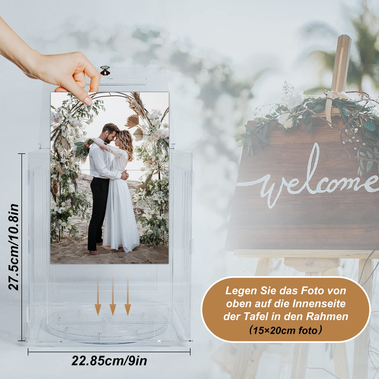 Benjia Hochzeit Kartenbox aus Acryl Hochzeitsbox mit Bilderrahmen für 15x20cm Bilder, Groß Kartenbox Geld Geschenkkarten Box Briefbox mit Schloss Schlitz Rezeption Hochzeit Geburtstag Jubiläum