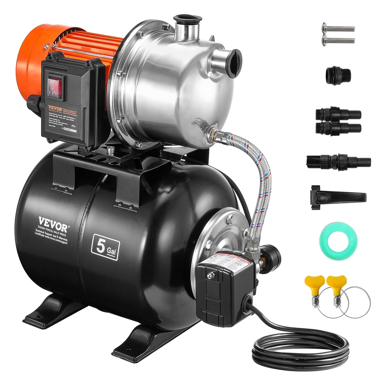 VEVOR Bomba para Pozos Poco Profundos de 1176 W 5600 L/H Con Tanque de Presión de 19 L - Refuerzo de Agua de Riego Automática Con Cabezal de Acero Inoxidable para Césped de Jardín