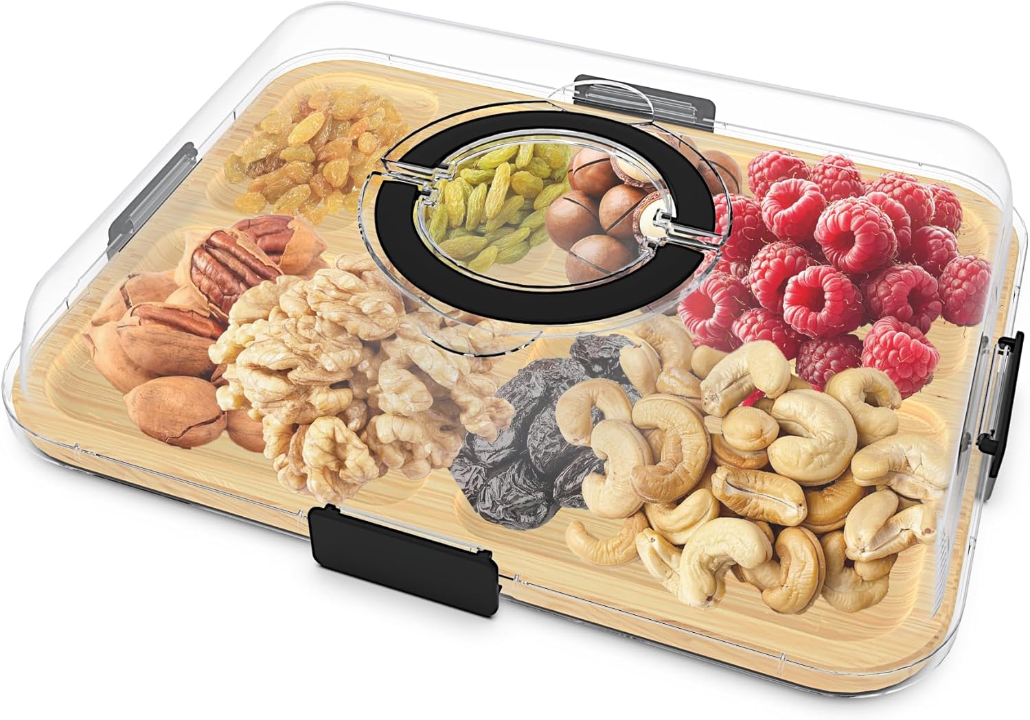 Charcuterie Board with Clear Lid and Handle,6 Compartments Bamboo Charcuterie Boxes for Picnics & Entertaining,Travel Portable Cheese Board Cutting Boards Perfect for Snacks& Fruit (Black)