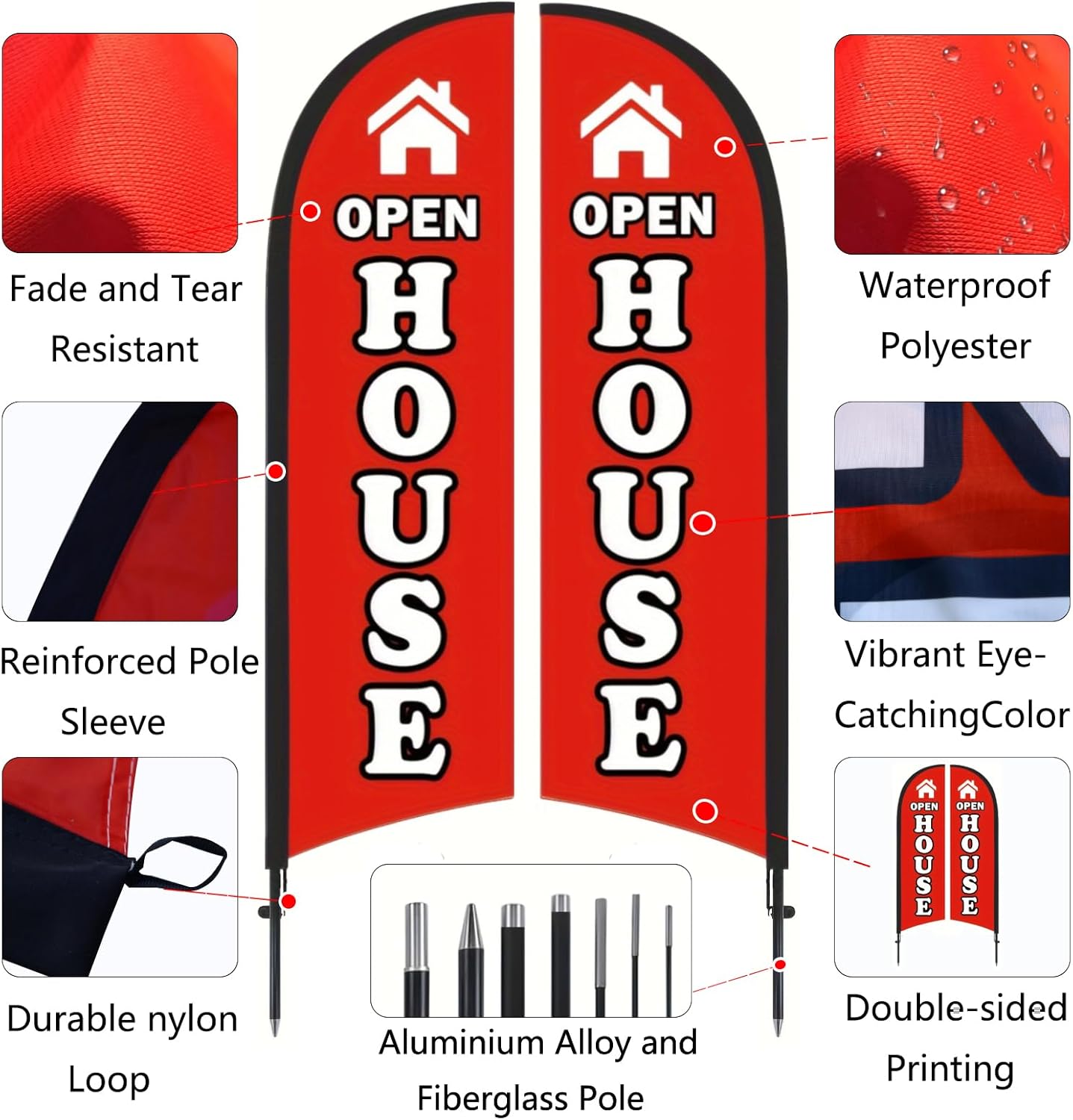 Open House Flag for Businesses, 9.18FT Double-Sided Open House Signs for Real Estate with Pole Kit & Ground Stake