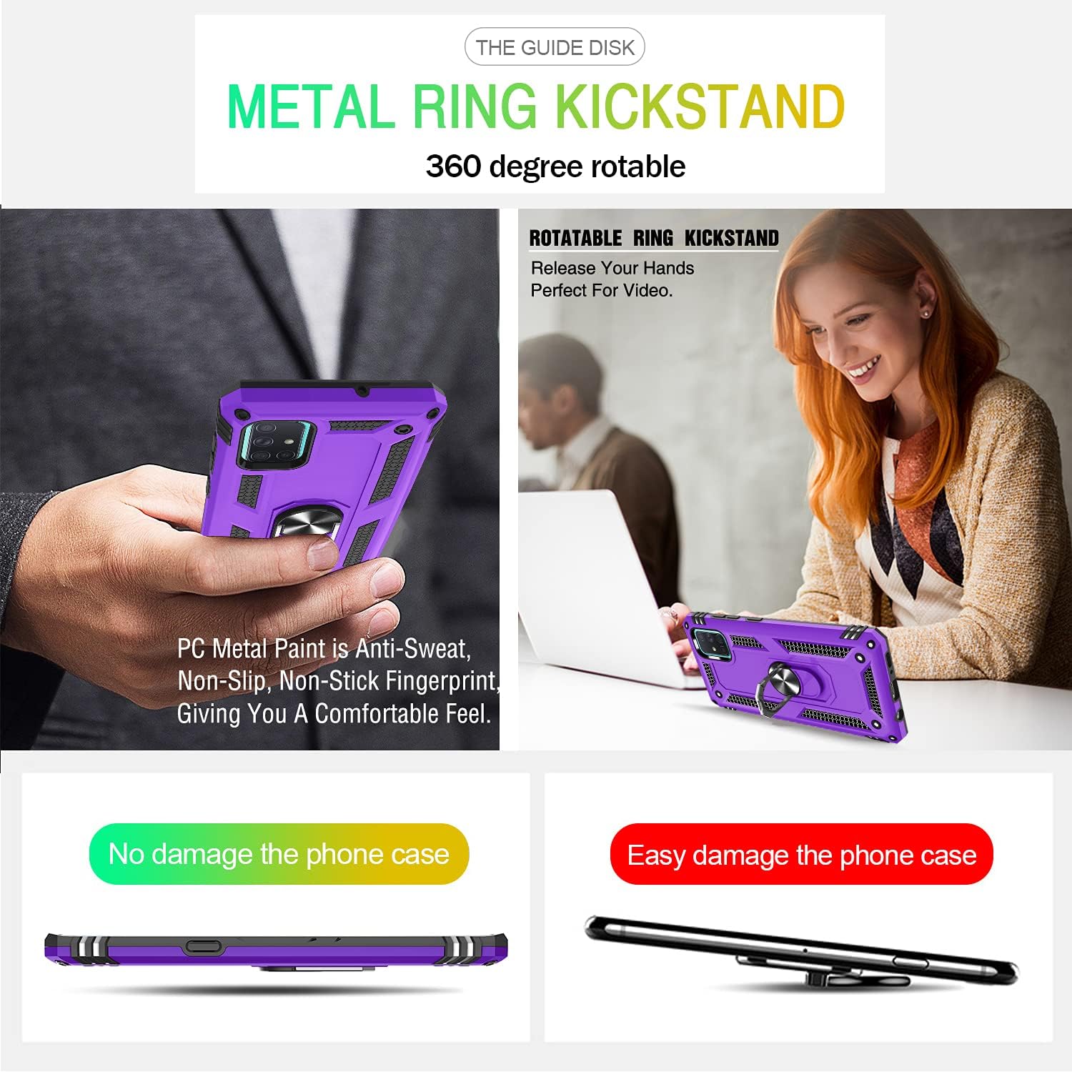 Gritup Compatible for Samsung Galaxy A51 Case (Not Fit Galaxy A51 5G) with HD Screen Protector, Military-Grade Protective with Magnetic Kickstand Ring Phone Case for Samsung A51 Purple
