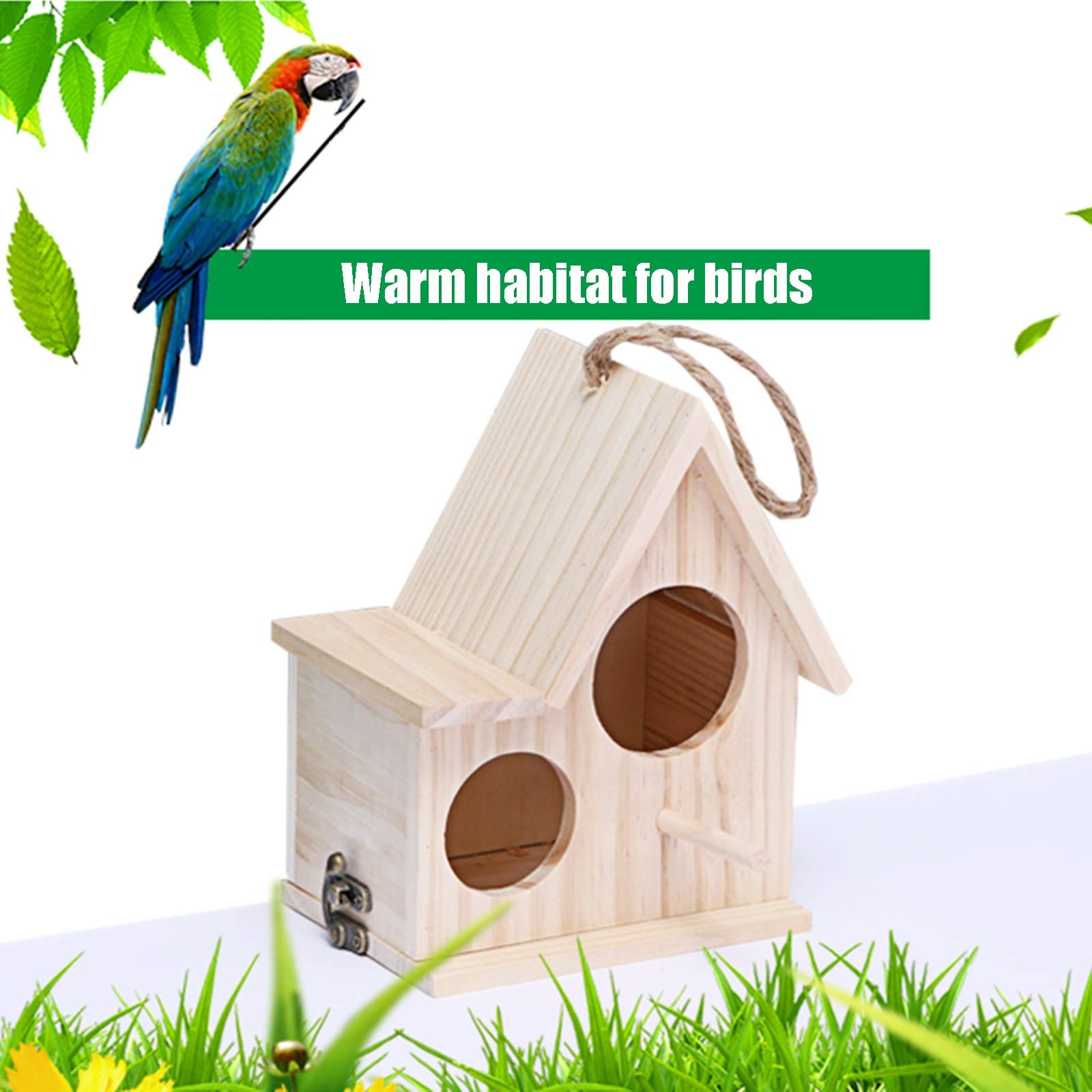 Casa para pájaros, Nido de pájaro de Madera Maciza con Cuerda de cáñamo, se Puede Colgar en Las Ramas del jardín, Caja Nido para pájaros para Mascotas, aviario, 21X14X24cm