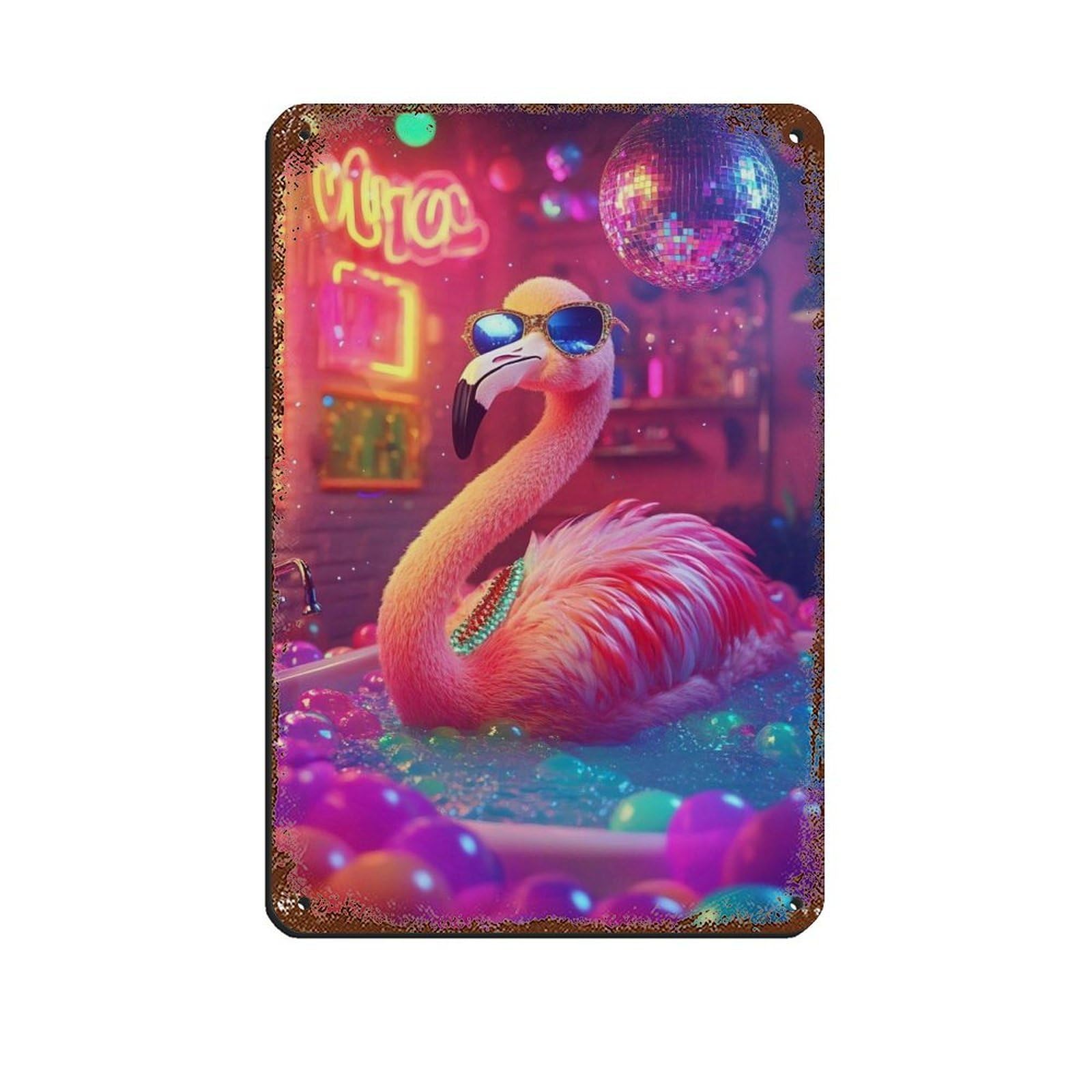 Flamingo Art, Neon Lights Decor Tin Sign Vintage Metal Pub Club Cafe Bar Home Wall Art Decoration Poster Retro 8x12inch(20x30cm)
